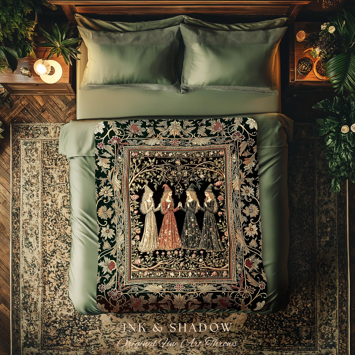 Mystical Sisterhood Floral Throw Blanket | Witchy Aesthetic Baroque Forest Whimsigoth Fantasy Ethereal Woven Wall Tapestry Dark Academia Art