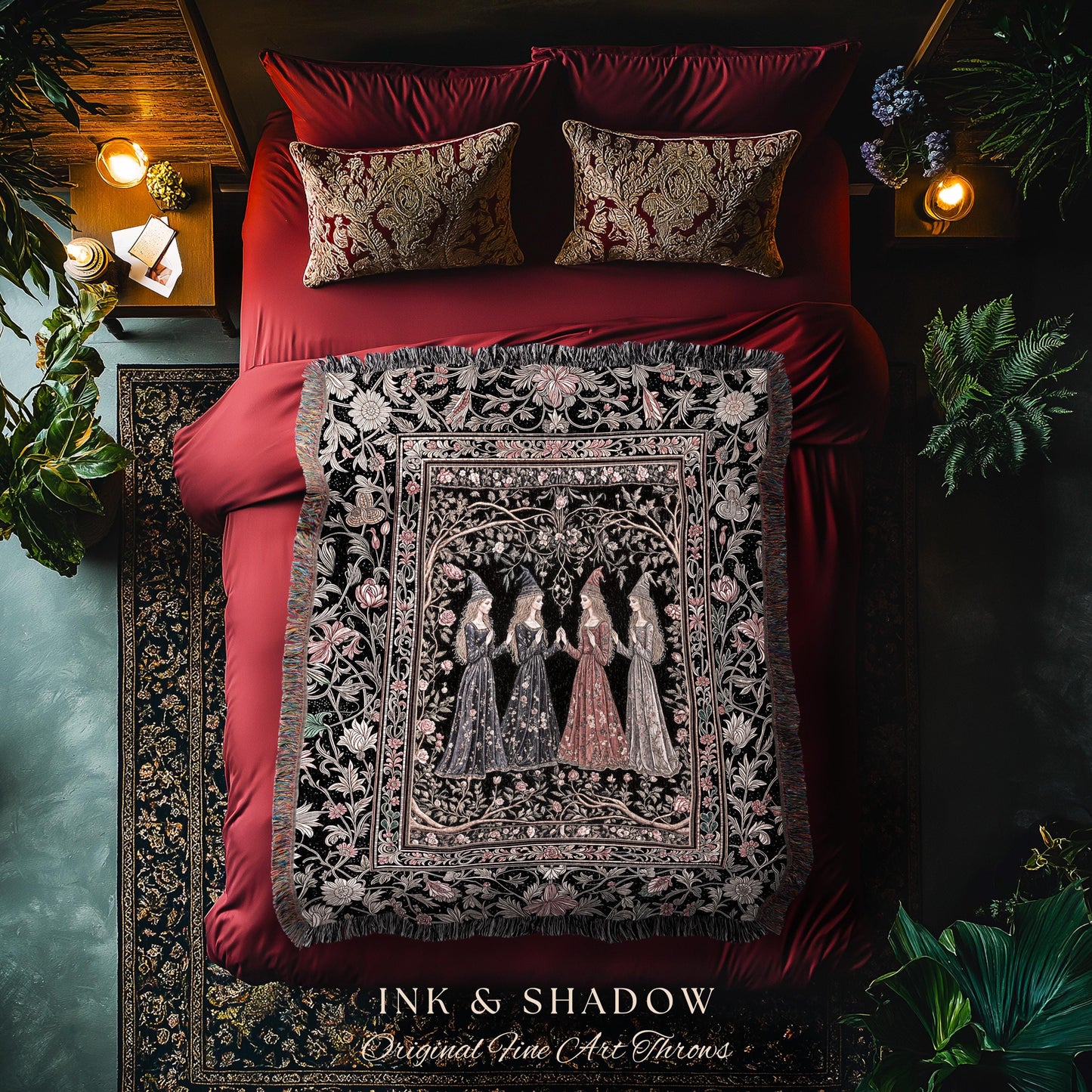 Enchanted Maidens Rustic Woven Tapestry | Mystical Folklore Floral Gothic Art Nouveau Throw Blanket Ethereal Coven Magic Dark Boho Aesthetic