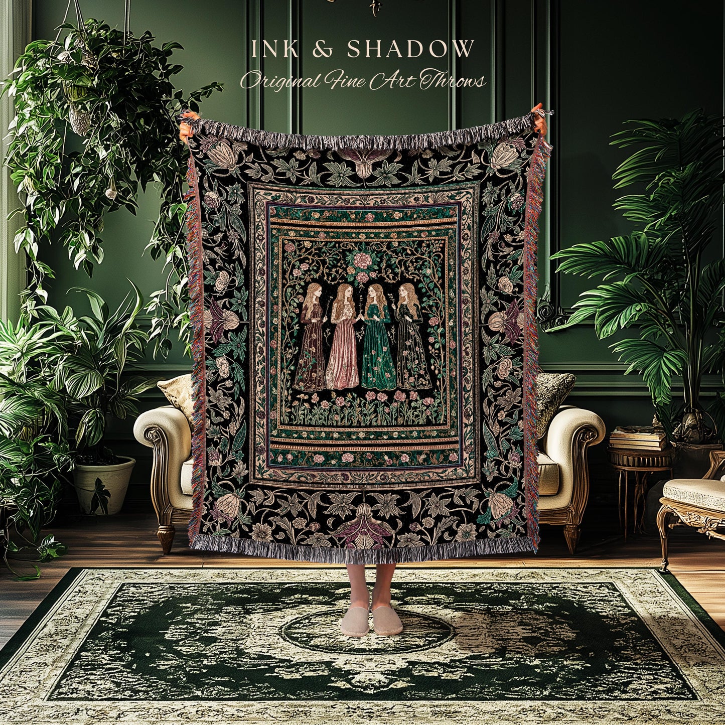 Victorian Witch Sisters Throw Blanket | Enchanted Folklore Gothic Floral Forest Tapestry Celestial Art Nouveau Magic Aesthetic Whimsical |