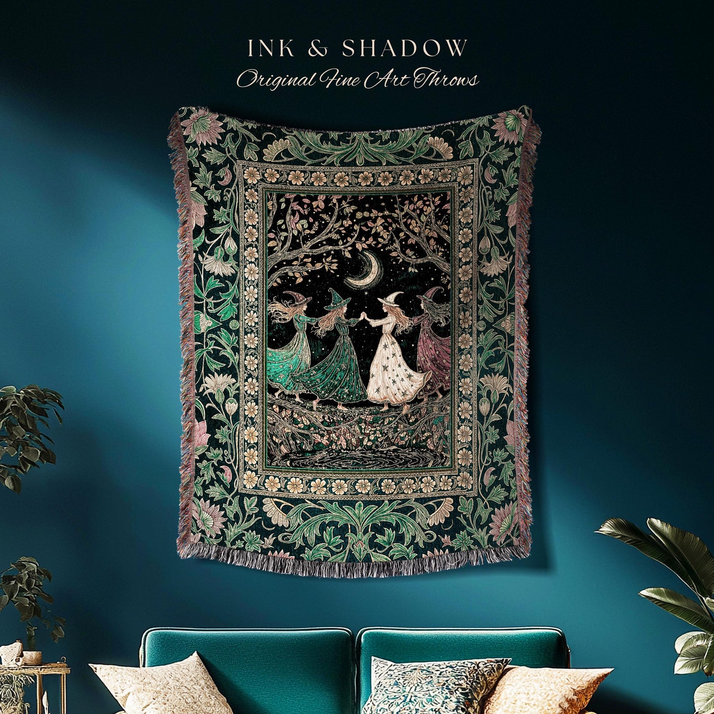 Whimsical Witch Sisterhood Throw Blanket | Dreamy Sisterhood Forest Baroque Floral Gothic Decor Mystic Boho Sorceress Woodland Wall Tapestry