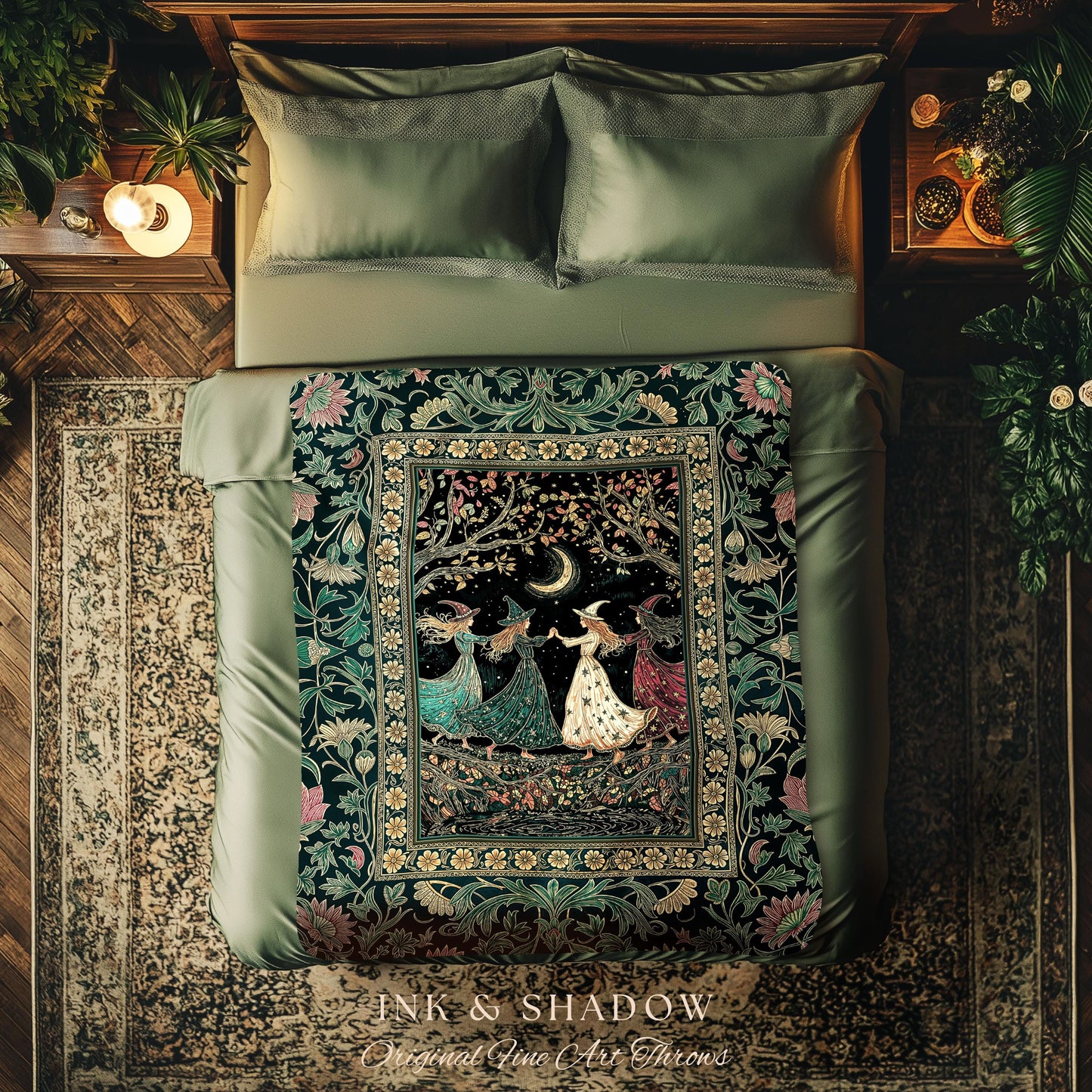 Whimsical Witch Sisterhood Throw Blanket | Dreamy Sisterhood Forest Baroque Floral Gothic Decor Mystic Boho Sorceress Woodland Wall Tapestry