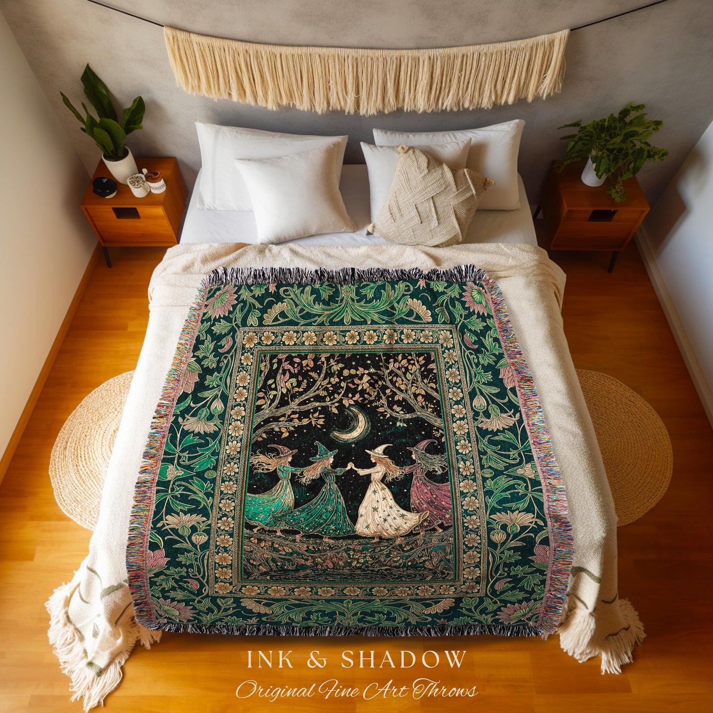 Whimsical Witch Sisterhood Throw Blanket | Dreamy Sisterhood Forest Baroque Floral Gothic Decor Mystic Boho Sorceress Woodland Wall Tapestry