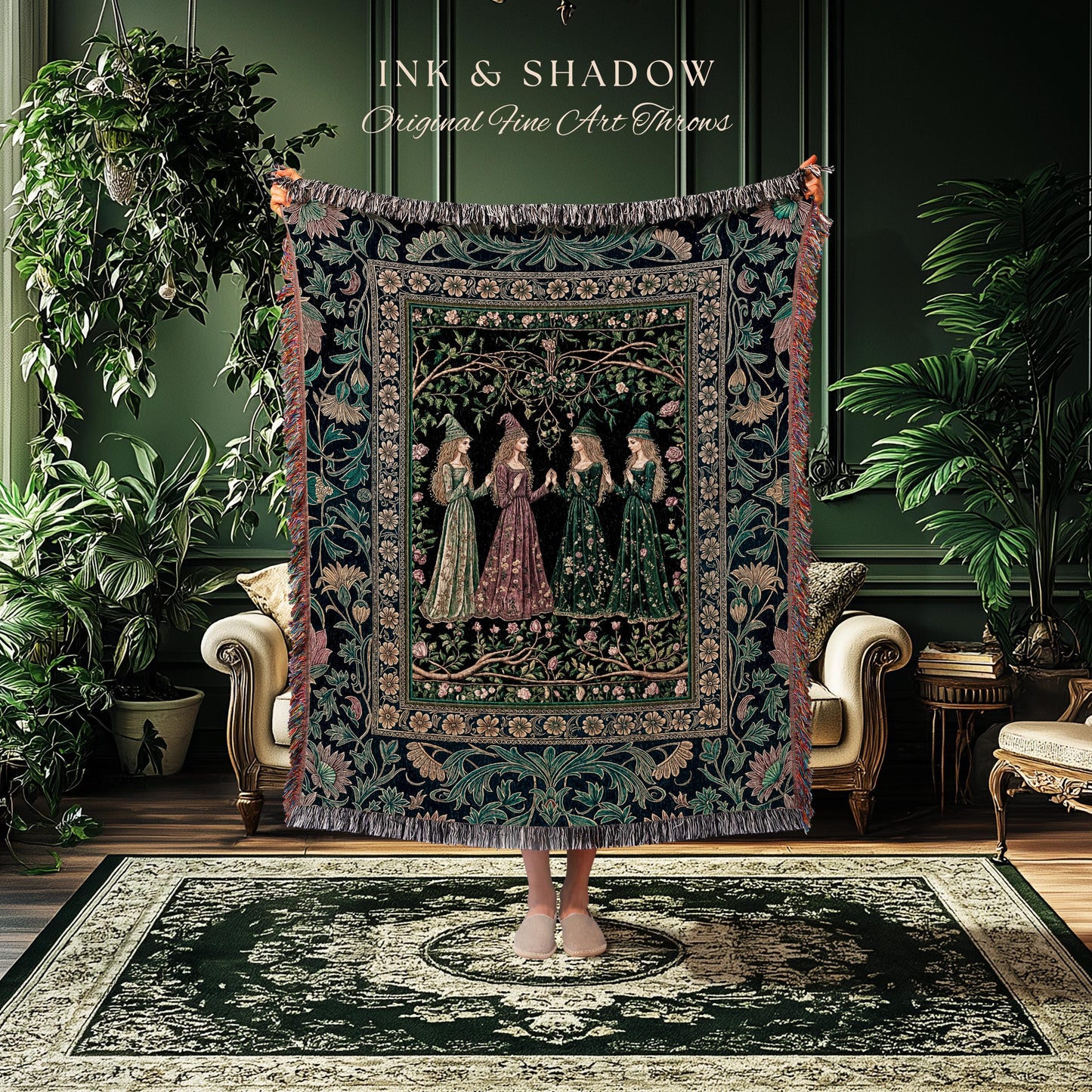 Storybook Aesthetic Witch Woven Tapestry | Whimsical Crowcore Arcane Gothic Forest Maiden Medieval Enchanted Magic Throw Blanket Botanical