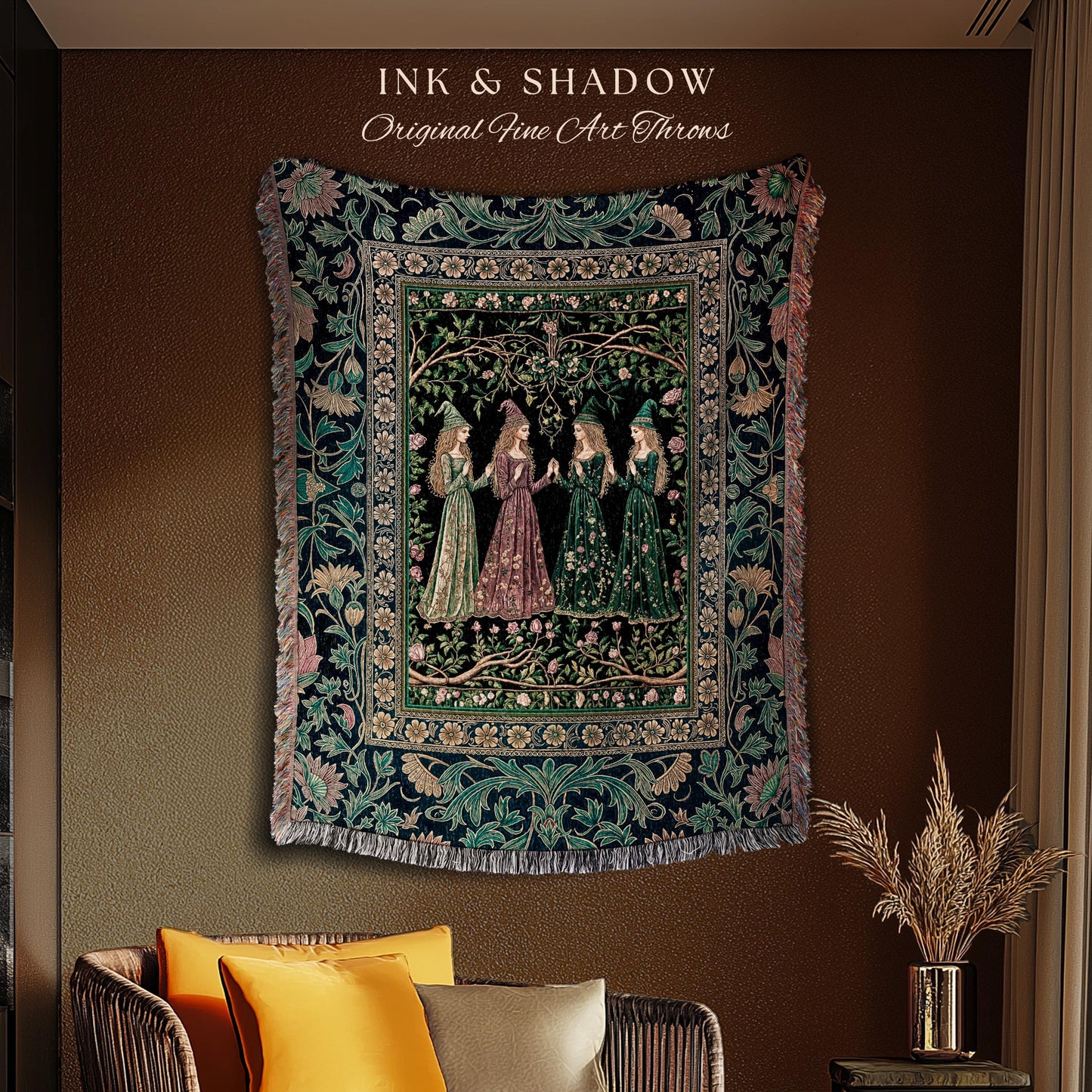 Storybook Aesthetic Witch Woven Tapestry | Whimsical Crowcore Arcane Gothic Forest Maiden Medieval Enchanted Magic Throw Blanket Botanical