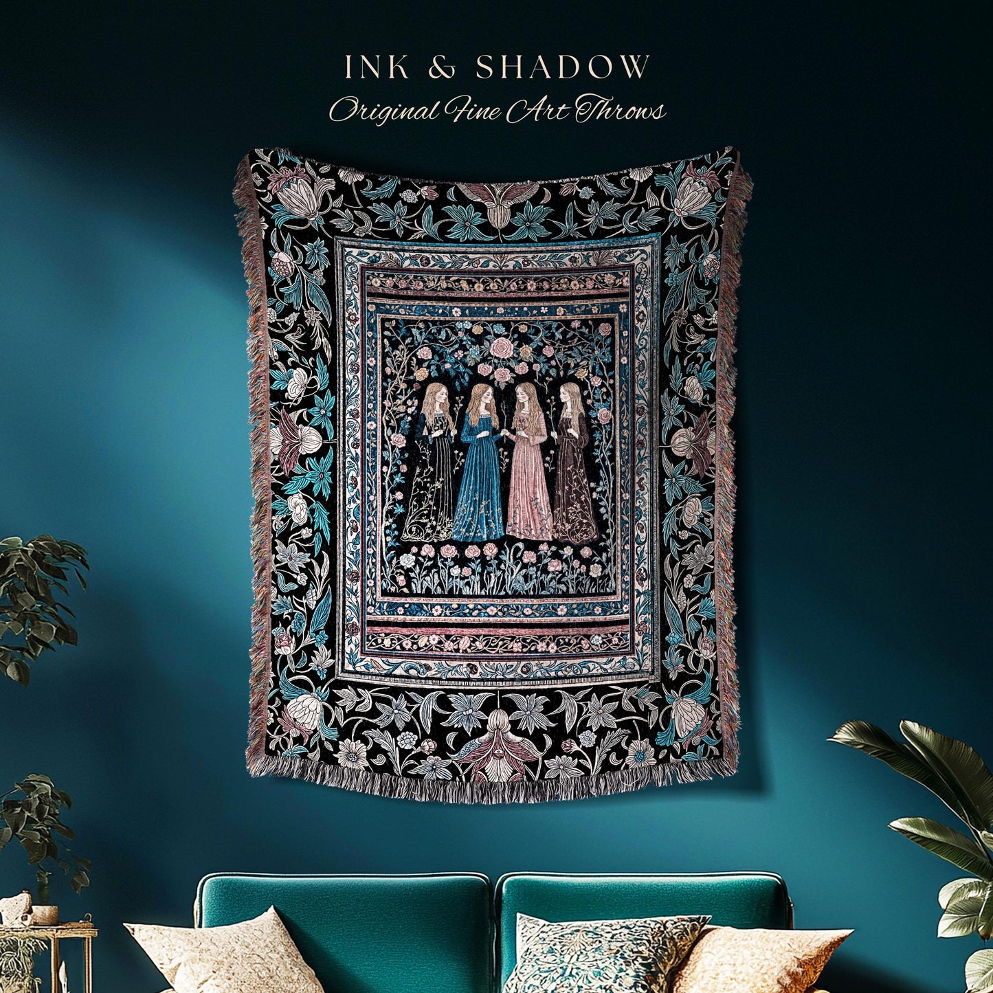 Victorian Gothic Maiden Witches Woven Blanket | Arcane Witchcraft Celestial Baroque Ethereal Folklore Wall Tapestry Romantic Floral Style |