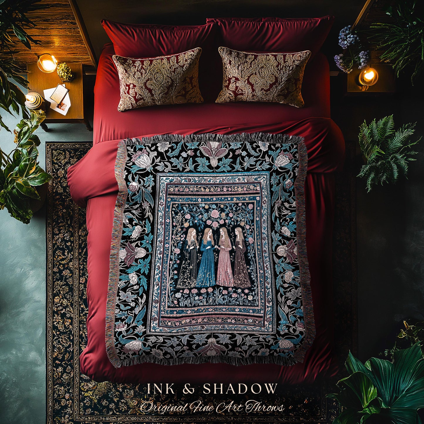 Victorian Gothic Maiden Witches Woven Blanket | Arcane Witchcraft Celestial Baroque Ethereal Folklore Wall Tapestry Romantic Floral Style |