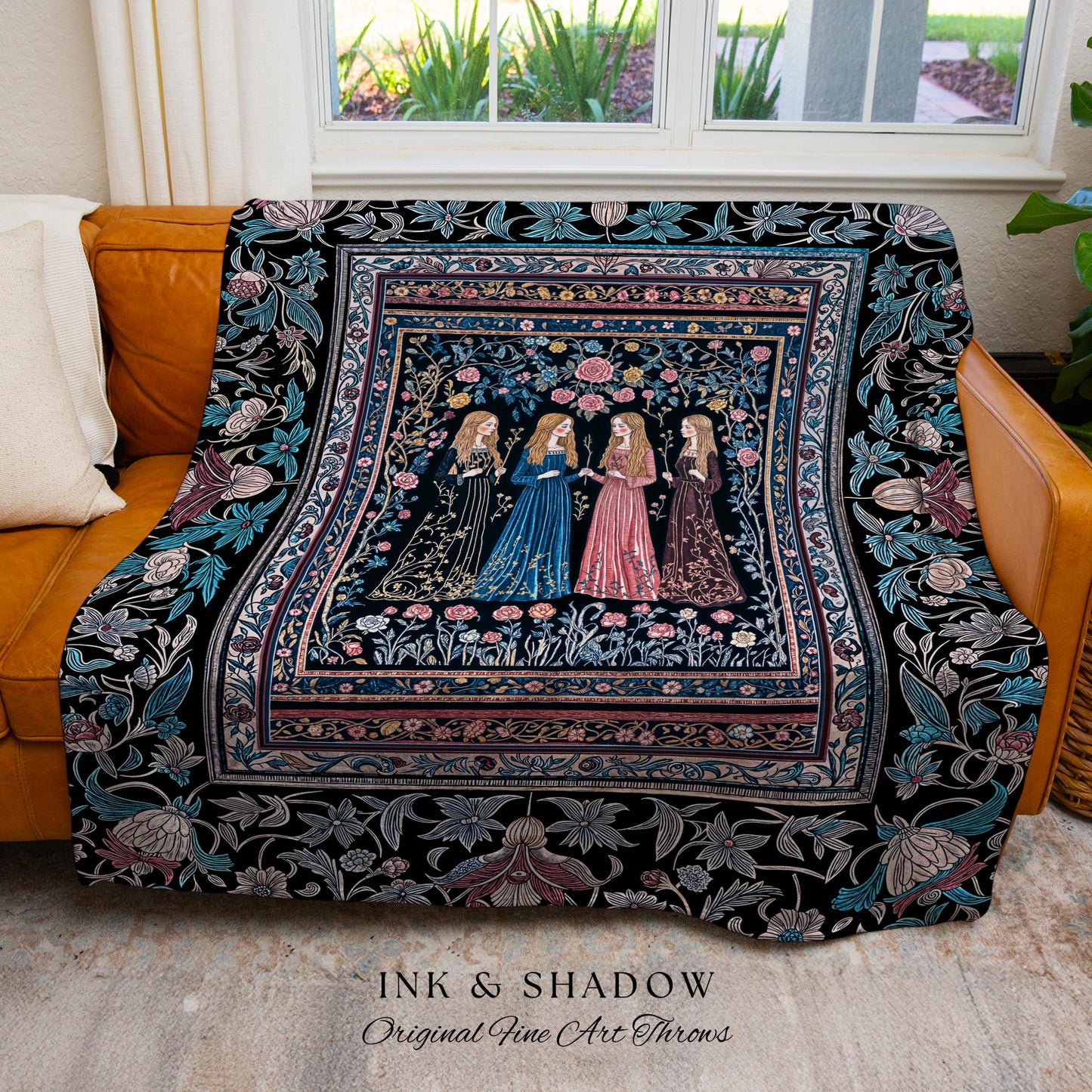 Victorian Gothic Maiden Witches Woven Blanket | Arcane Witchcraft Celestial Baroque Ethereal Folklore Wall Tapestry Romantic Floral Style |