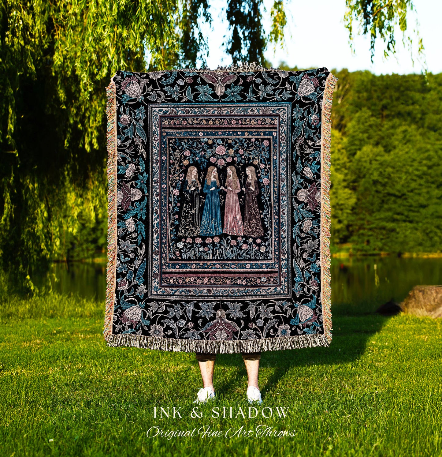 Victorian Gothic Maiden Witches Woven Blanket | Arcane Witchcraft Celestial Baroque Ethereal Folklore Wall Tapestry Romantic Floral Style |