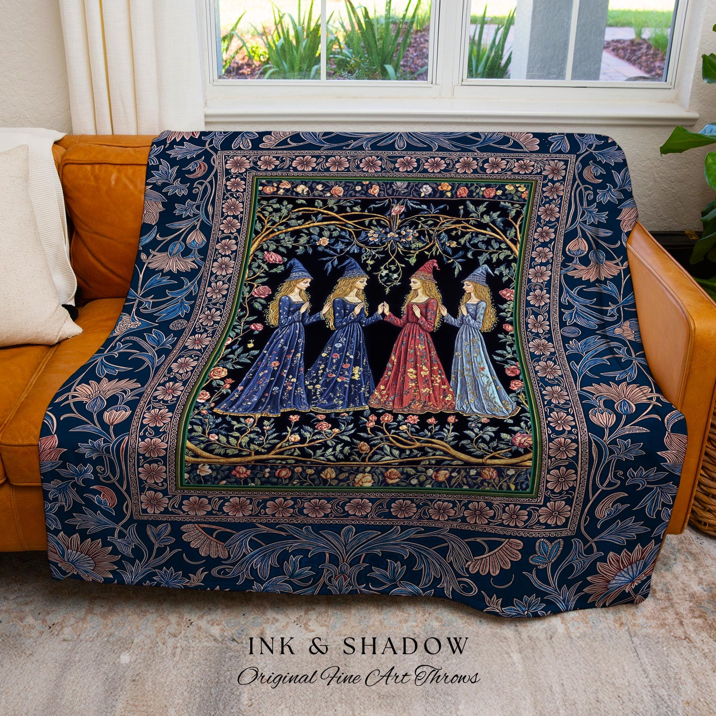 Medieval Coven Celestial Tapestry Blanket | Moody Aesthetic Witches Enchanted Art Nouveau Gothic Ethereal Folklore Woven Throw Ornate Magic