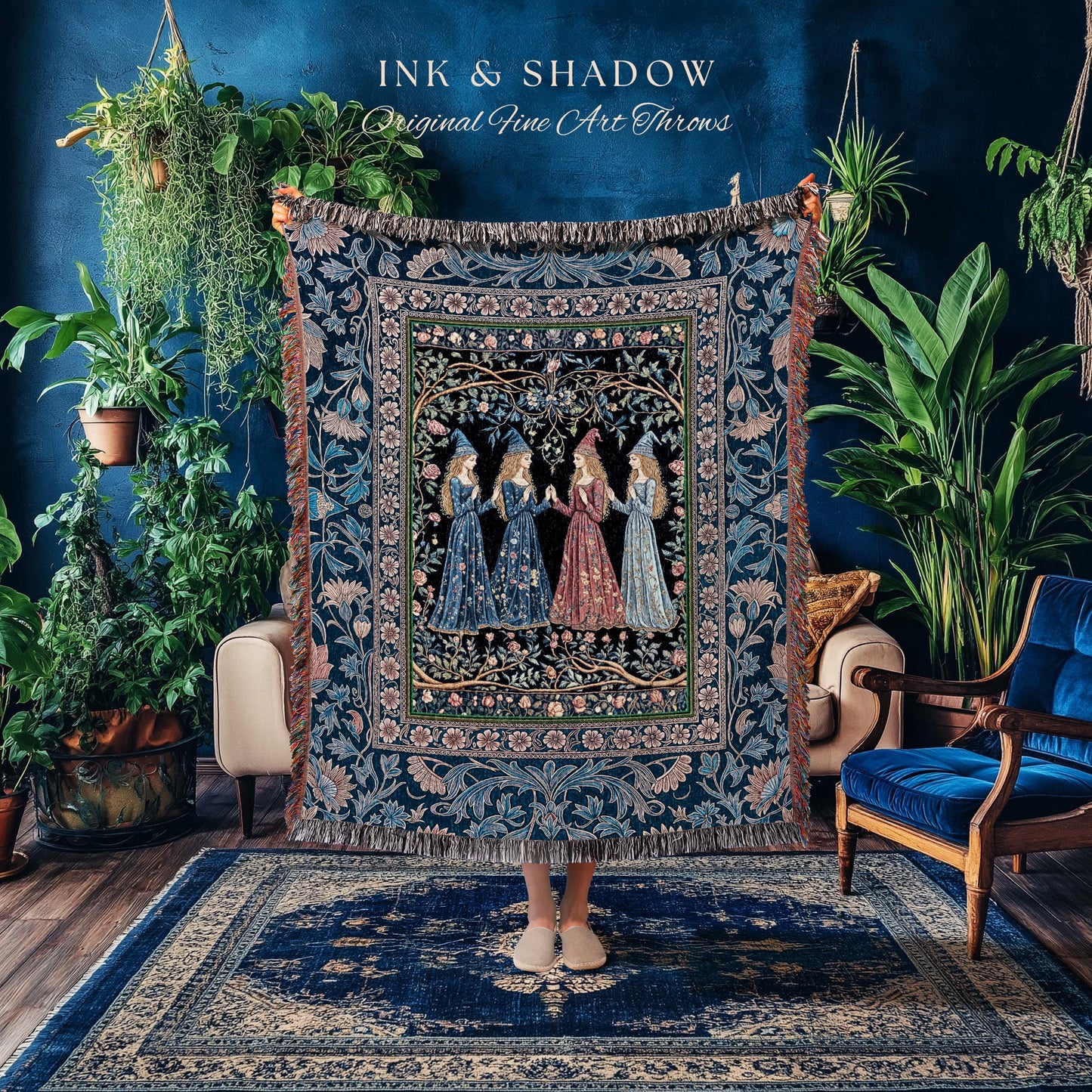 Medieval Coven Celestial Tapestry Blanket | Moody Aesthetic Witches Enchanted Art Nouveau Gothic Ethereal Folklore Woven Throw Ornate Magic