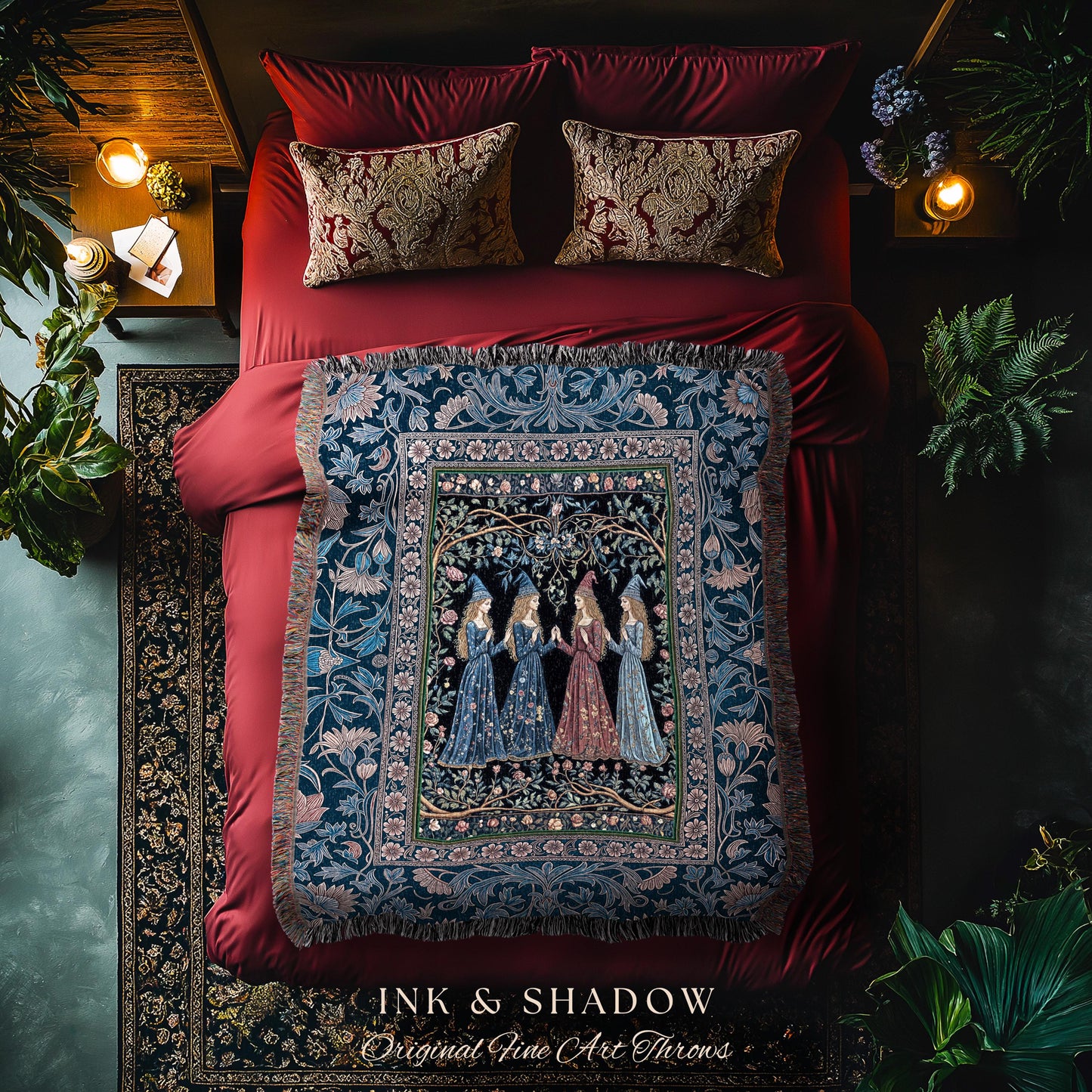 Medieval Coven Celestial Tapestry Blanket | Moody Aesthetic Witches Enchanted Art Nouveau Gothic Ethereal Folklore Woven Throw Ornate Magic