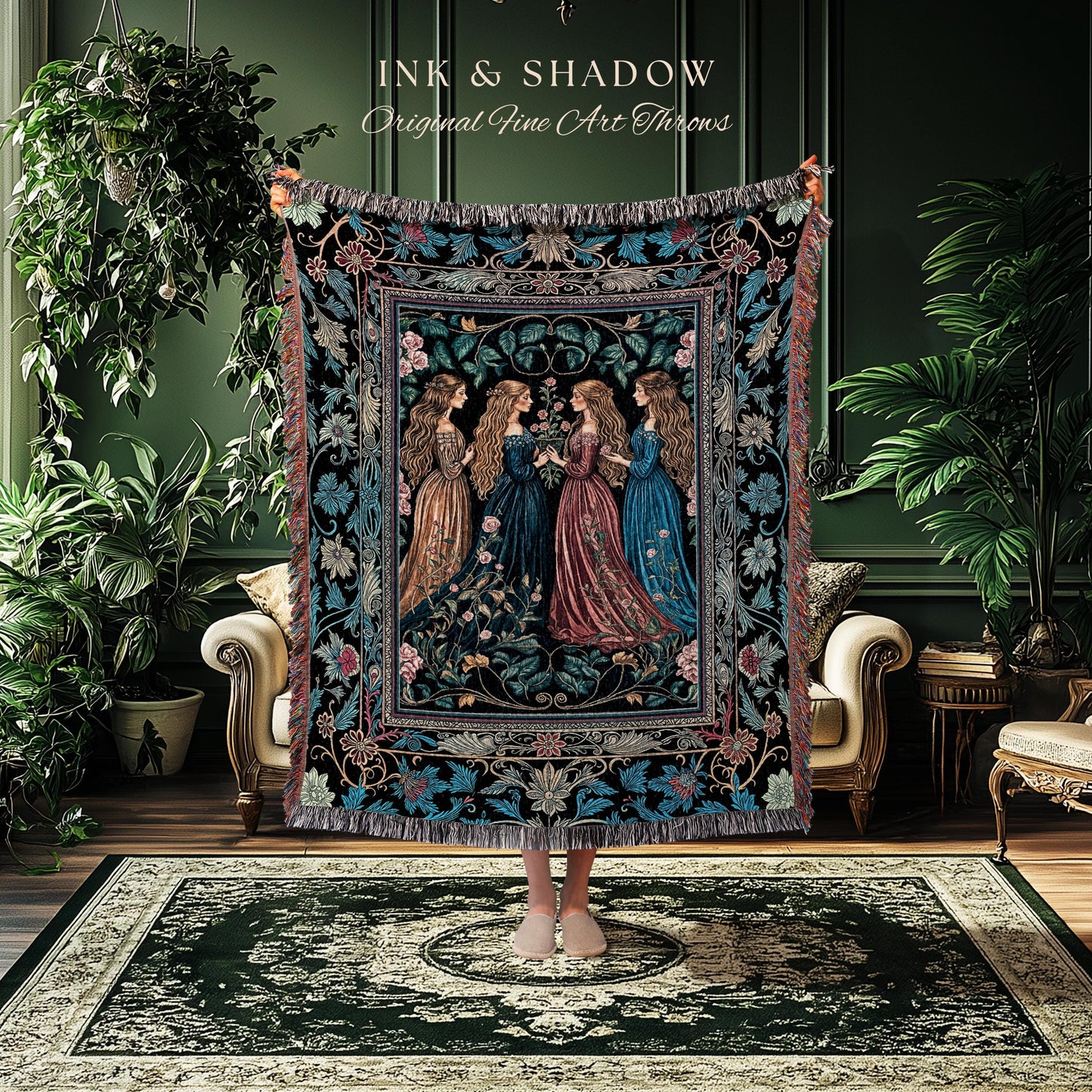 Wiccan Witchcraft Moody Tapestry Blanket | Whimsigothic Dark Fairytale Gothic Renaissance Botanical Magic Medieval Woven Throw Witchcraft |