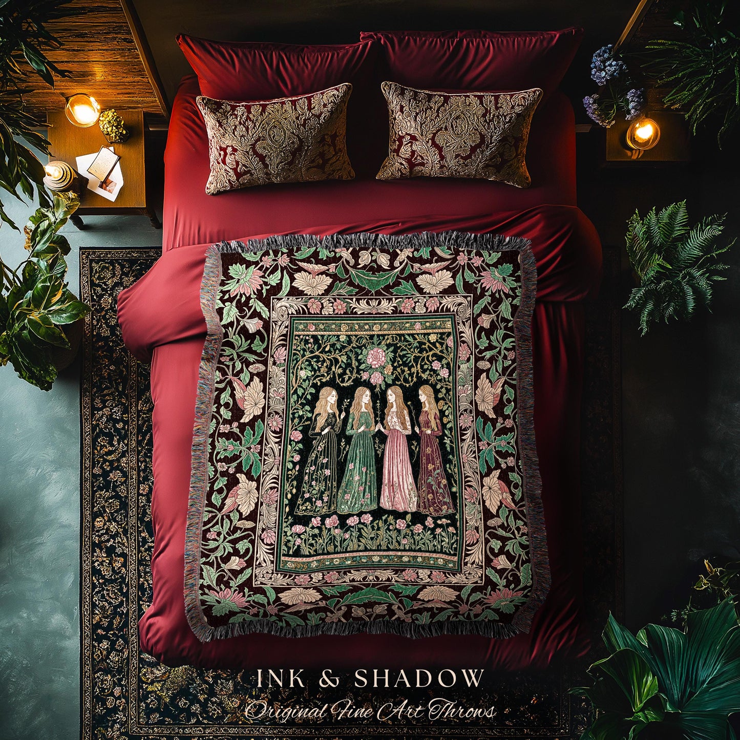 Renaissance Witch Coven Throw Blanket | Whimsical Folklore Enchanted Floral Woven Wall Tapestry Spellbound Gothic Art Mystic Fairytale Decor