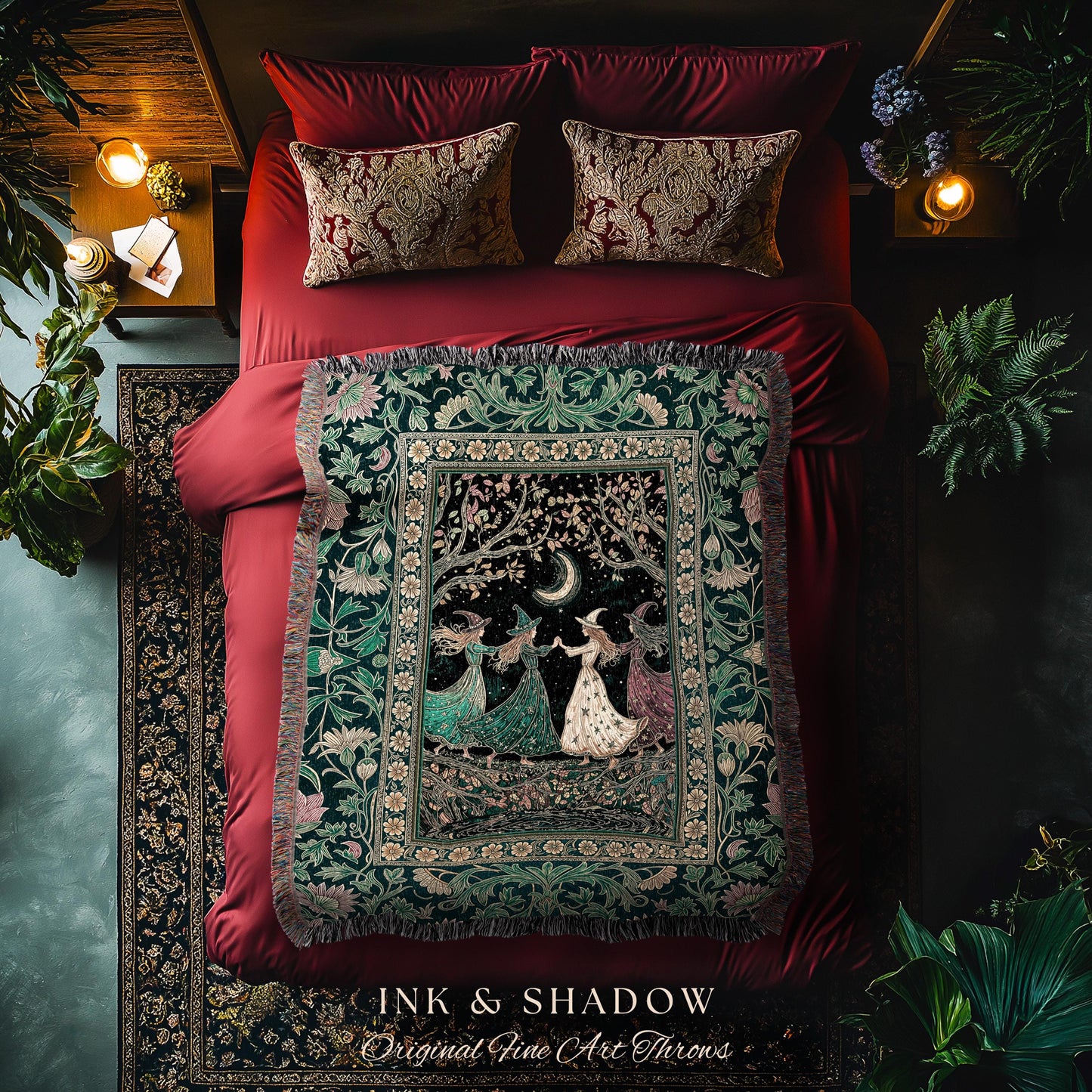 Whimsical Witch Sisterhood Throw Blanket | Dreamy Sisterhood Forest Baroque Floral Gothic Decor Mystic Boho Sorceress Woodland Wall Tapestry