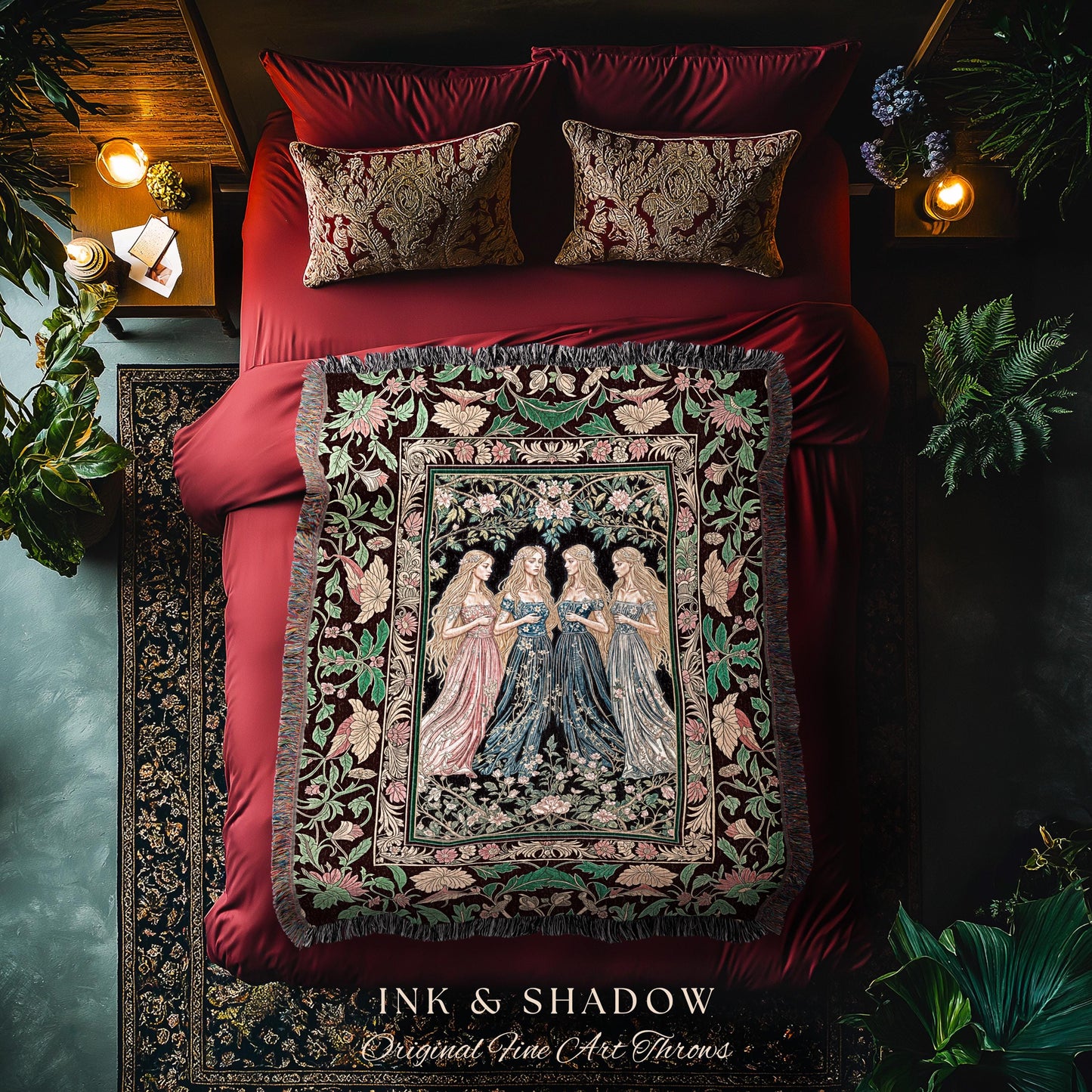 Magic Maidens Medieval Woven Tapestry | Dark Fairytale Witches Floral Forest Throw Blanket Ethereal Renaissance Gothic Art Decor Fairycore |