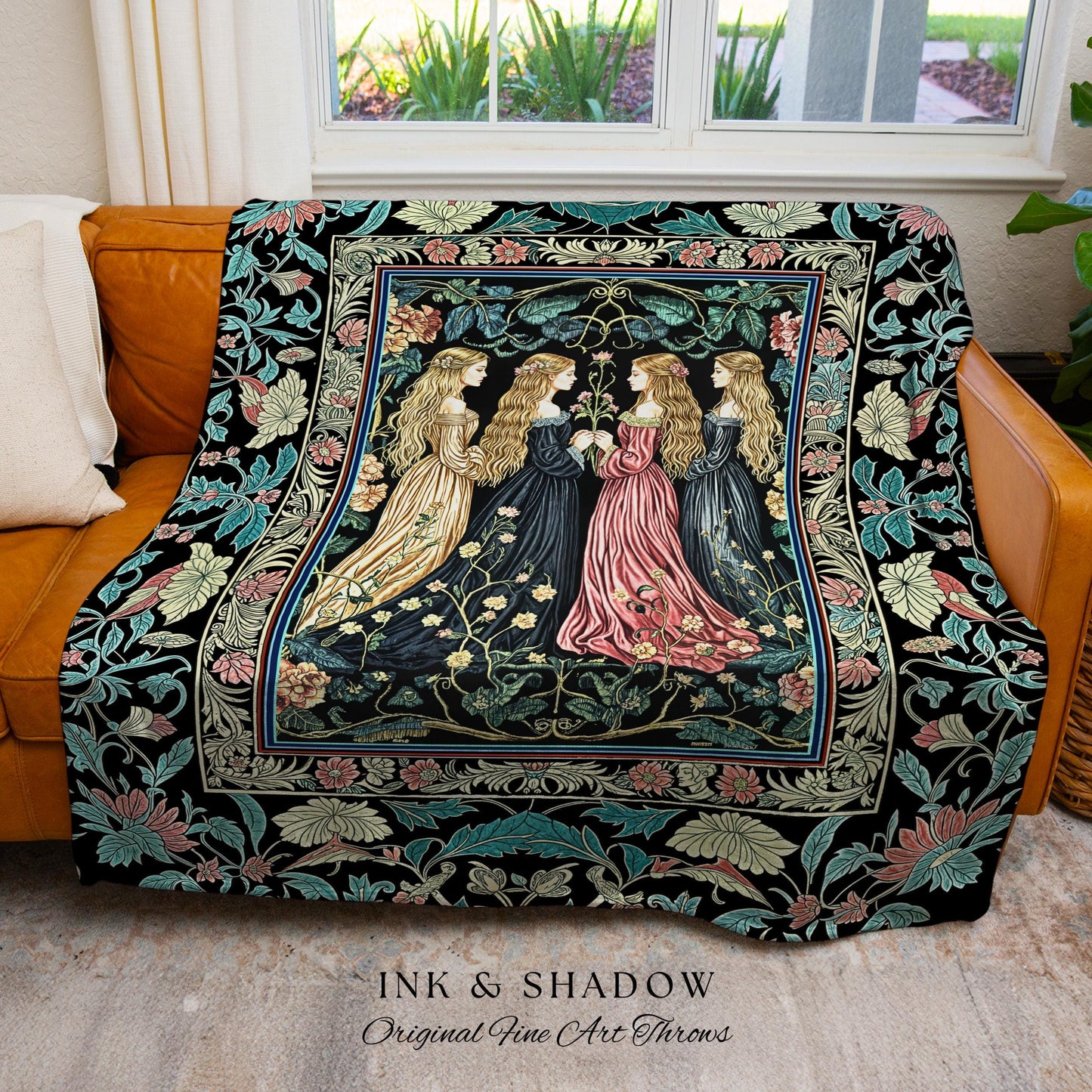 Wiccan Botanical Style Throw Blanket | Medieval Celestial Dark Cottagecore Folklore Sisterhood Magic Woven Tapestry Enchanted Boho Aesthetic