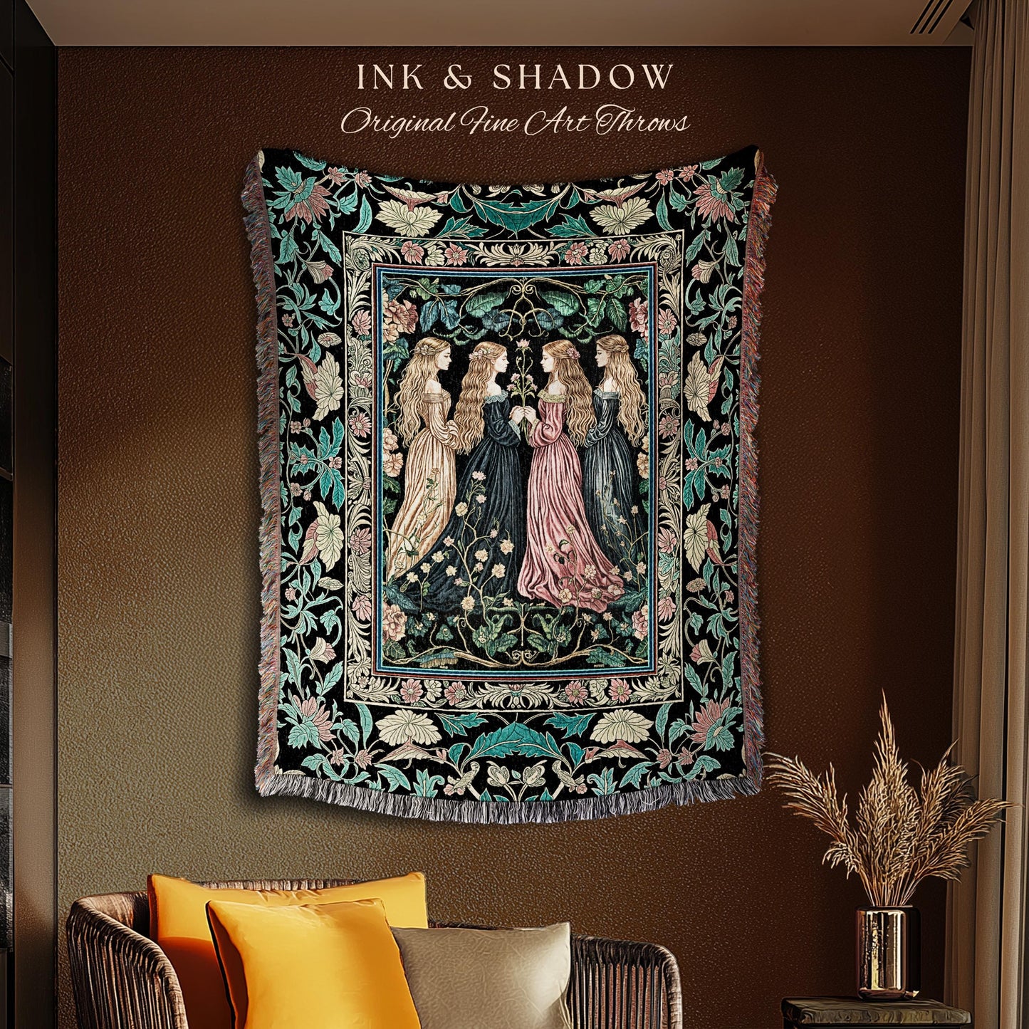 Wiccan Botanical Style Throw Blanket | Medieval Celestial Dark Cottagecore Folklore Sisterhood Magic Woven Tapestry Enchanted Boho Aesthetic