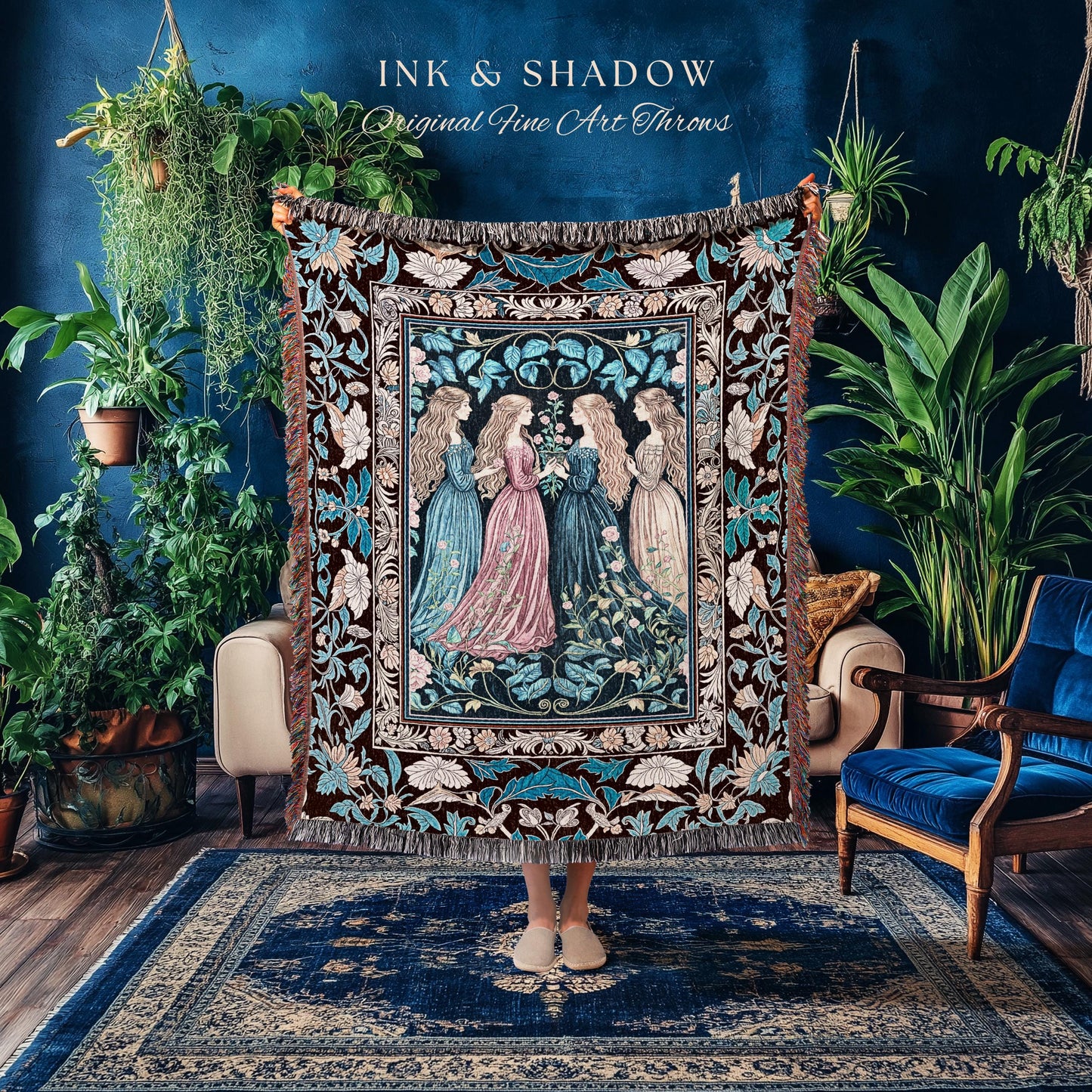 Sorceress Sisters Magic Woven Throw Blanket | Lunar Garden Witch Wall Tapestry Fairytale Storybook Tapestry Renaissance Woodland Sorcery |