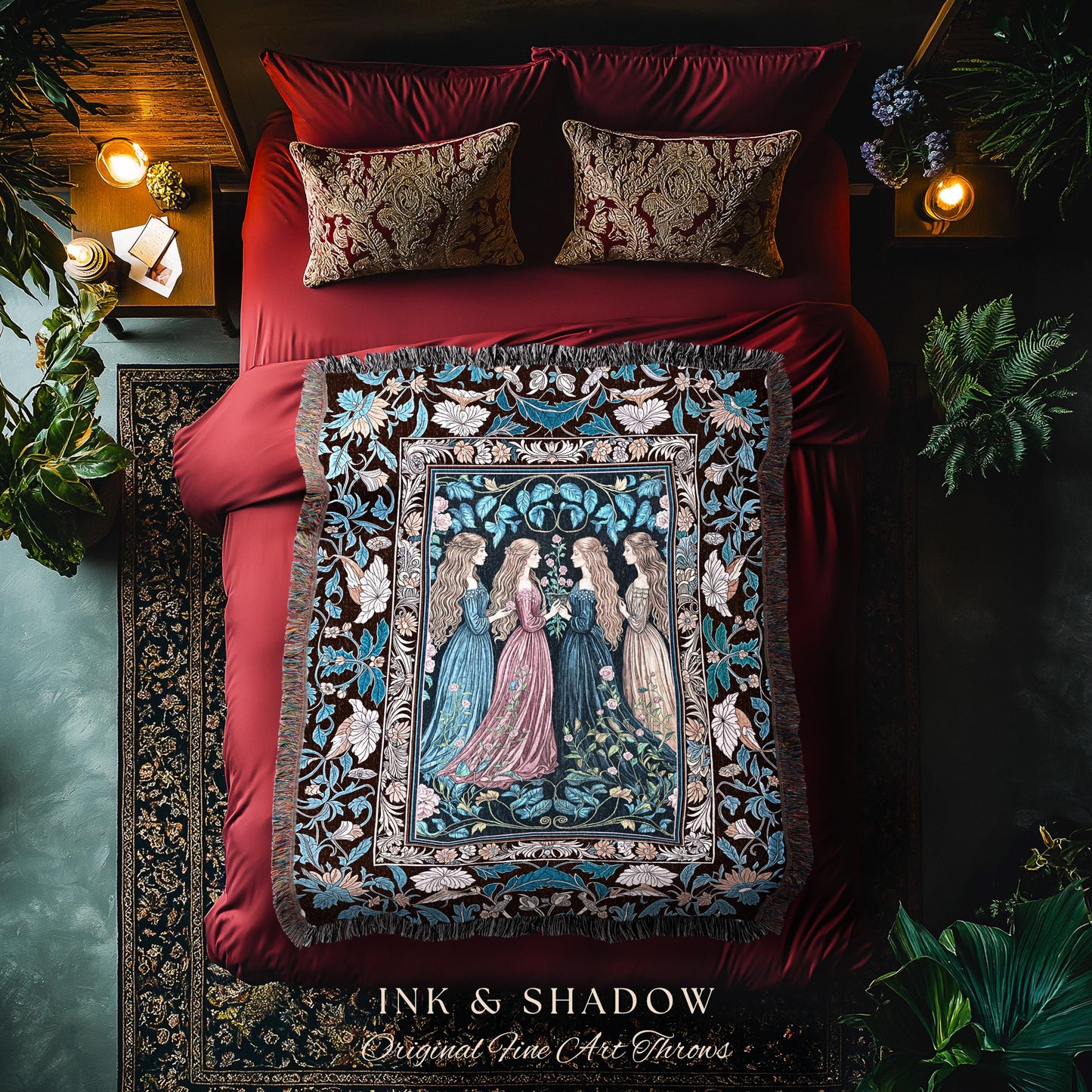 Sorceress Sisters Magic Woven Throw Blanket | Lunar Garden Witch Wall Tapestry Fairytale Storybook Tapestry Renaissance Woodland Sorcery |