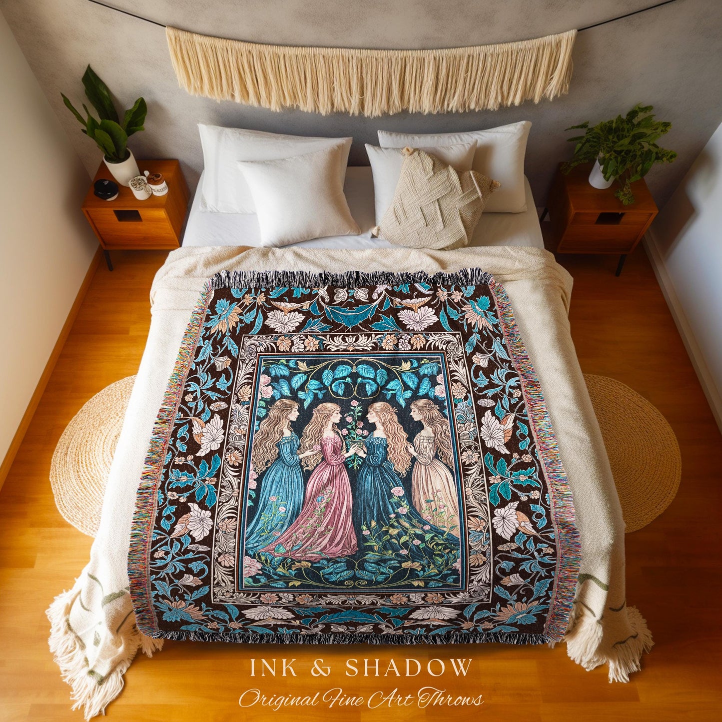 Sorceress Sisters Magic Woven Throw Blanket | Lunar Garden Witch Wall Tapestry Fairytale Storybook Tapestry Renaissance Woodland Sorcery |