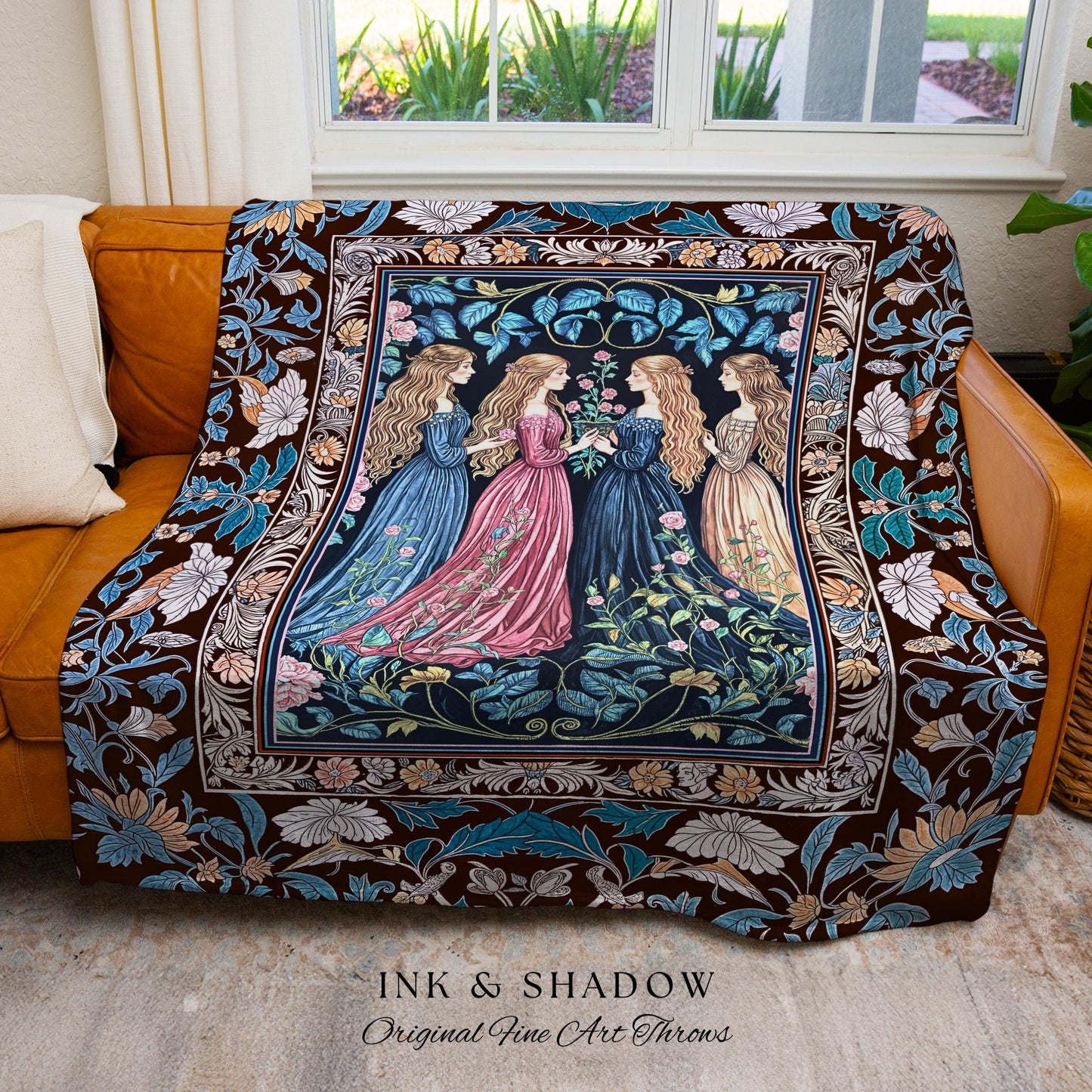 Sorceress Sisters Magic Woven Throw Blanket | Lunar Garden Witch Wall Tapestry Fairytale Storybook Tapestry Renaissance Woodland Sorcery |