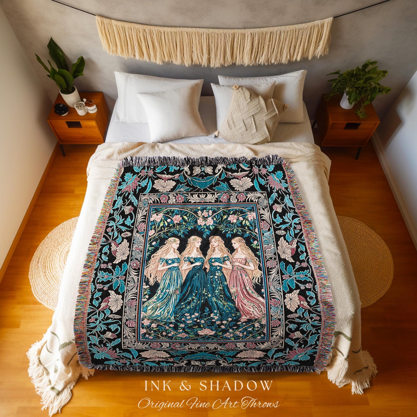 Rustic Medieval Fairycore Witch Picnic Blanket | Celestial Sorceress Gothic Elegance Woven Wall Tapestry Pastel Botanicals Folklore Style |