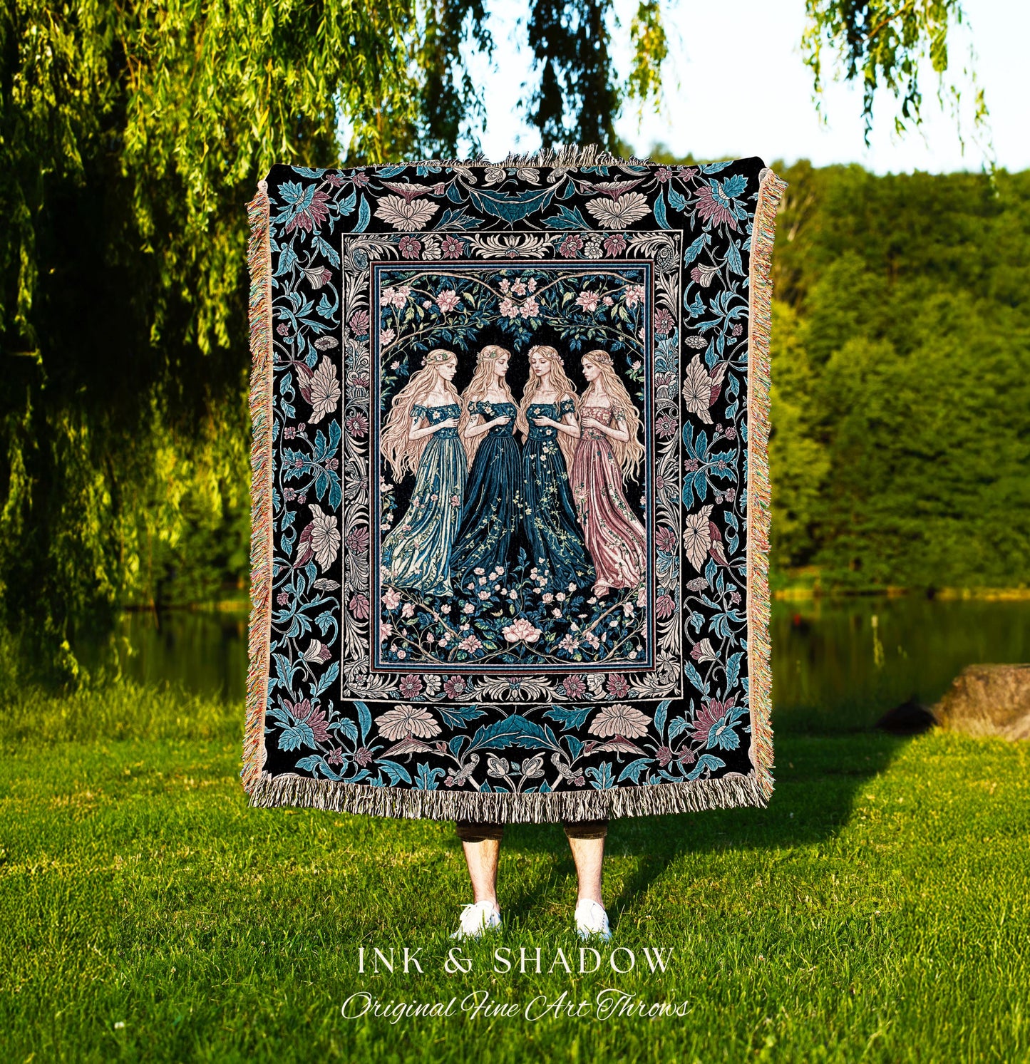 Rustic Medieval Fairycore Witch Picnic Blanket | Celestial Sorceress Gothic Elegance Woven Wall Tapestry Pastel Botanicals Folklore Style |
