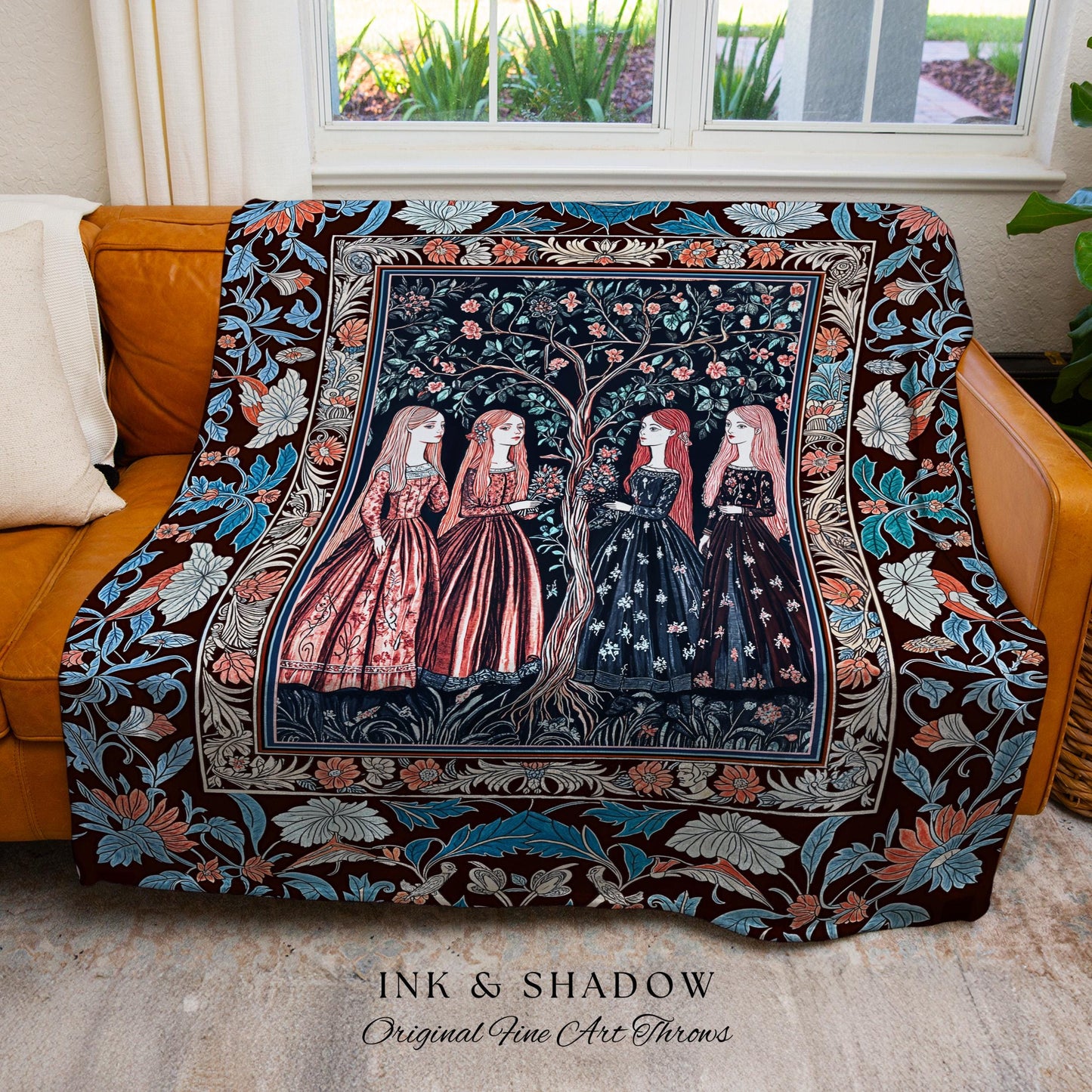 Pastel Fairy Forest Elegant Throw Blanket | Druid Tapestry Medieval Maiden Baroque Aesthetic Magic Decor Celestial Gothic Art Nouveau Decor