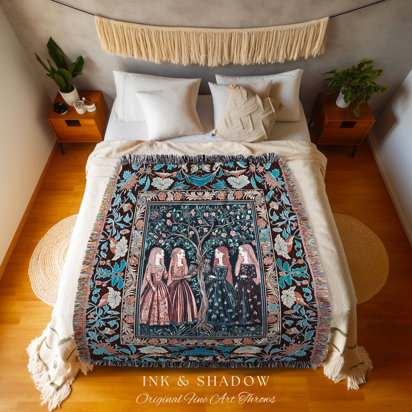 Pastel Fairy Forest Elegant Throw Blanket | Druid Tapestry Medieval Maiden Baroque Aesthetic Magic Decor Celestial Gothic Art Nouveau Decor