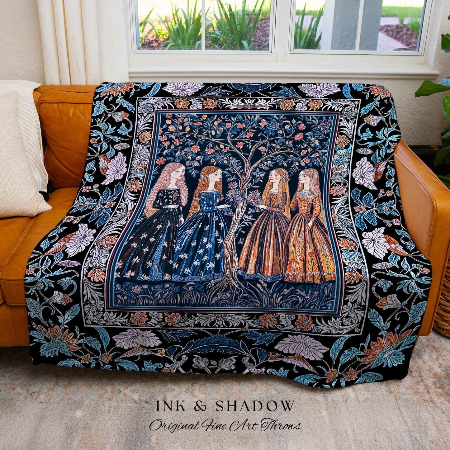 Enchanted Sisterhood Folklore Throw Blanket | Moody Bedroom Dark Enchantment Woven Wall Tapestry Mythical Aesthetic Folk Art Dreamy Decor