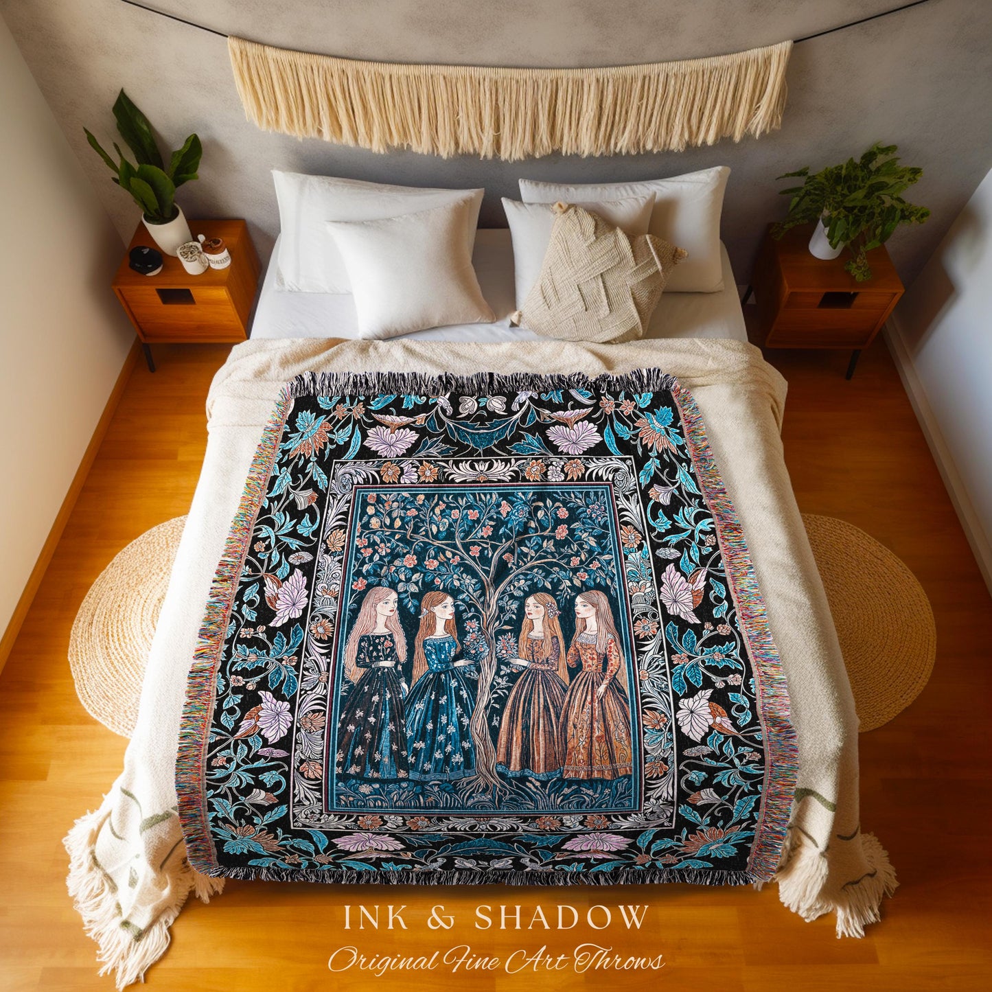 Enchanted Sisterhood Folklore Throw Blanket | Moody Bedroom Dark Enchantment Woven Wall Tapestry Mythical Aesthetic Folk Art Dreamy Decor