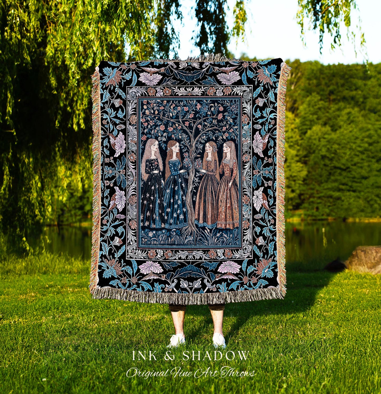 Enchanted Sisterhood Folklore Throw Blanket | Moody Bedroom Dark Enchantment Woven Wall Tapestry Mythical Aesthetic Folk Art Dreamy Decor