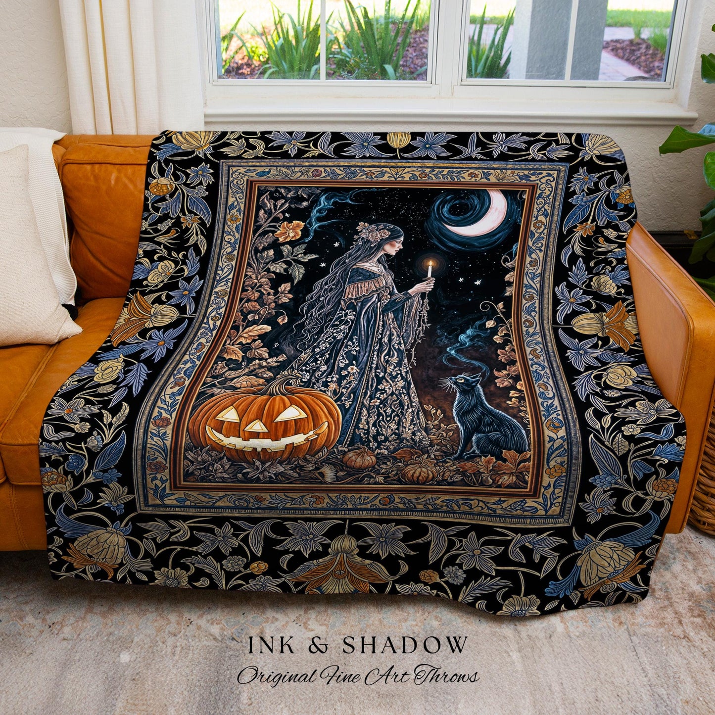 Moonlit Jack-o-lantern Witch Throw Blanket | Enchanted Forest Baroque Maiden Pastel Folklore Black Cat Celestial Aesthetic Wall Tapestry |