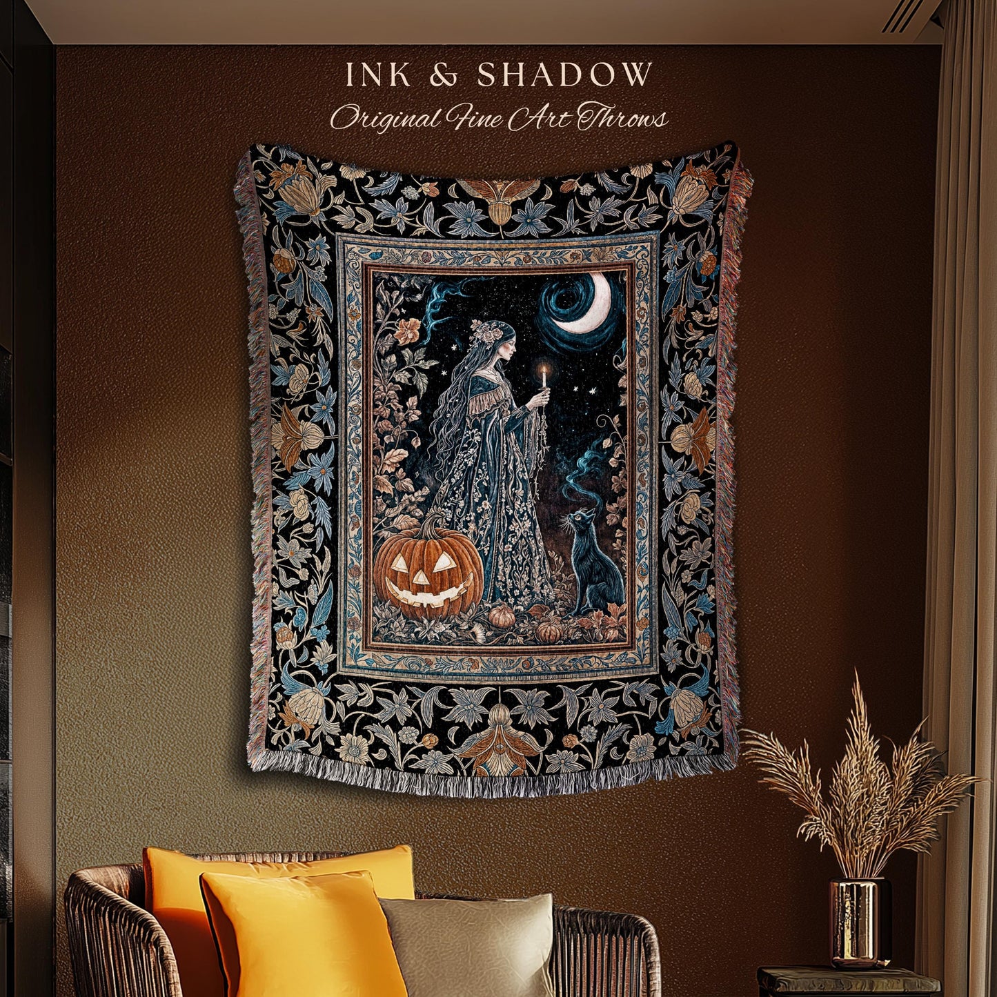 Moonlit Jack-o-lantern Witch Throw Blanket | Enchanted Forest Baroque Maiden Pastel Folklore Black Cat Celestial Aesthetic Wall Tapestry |