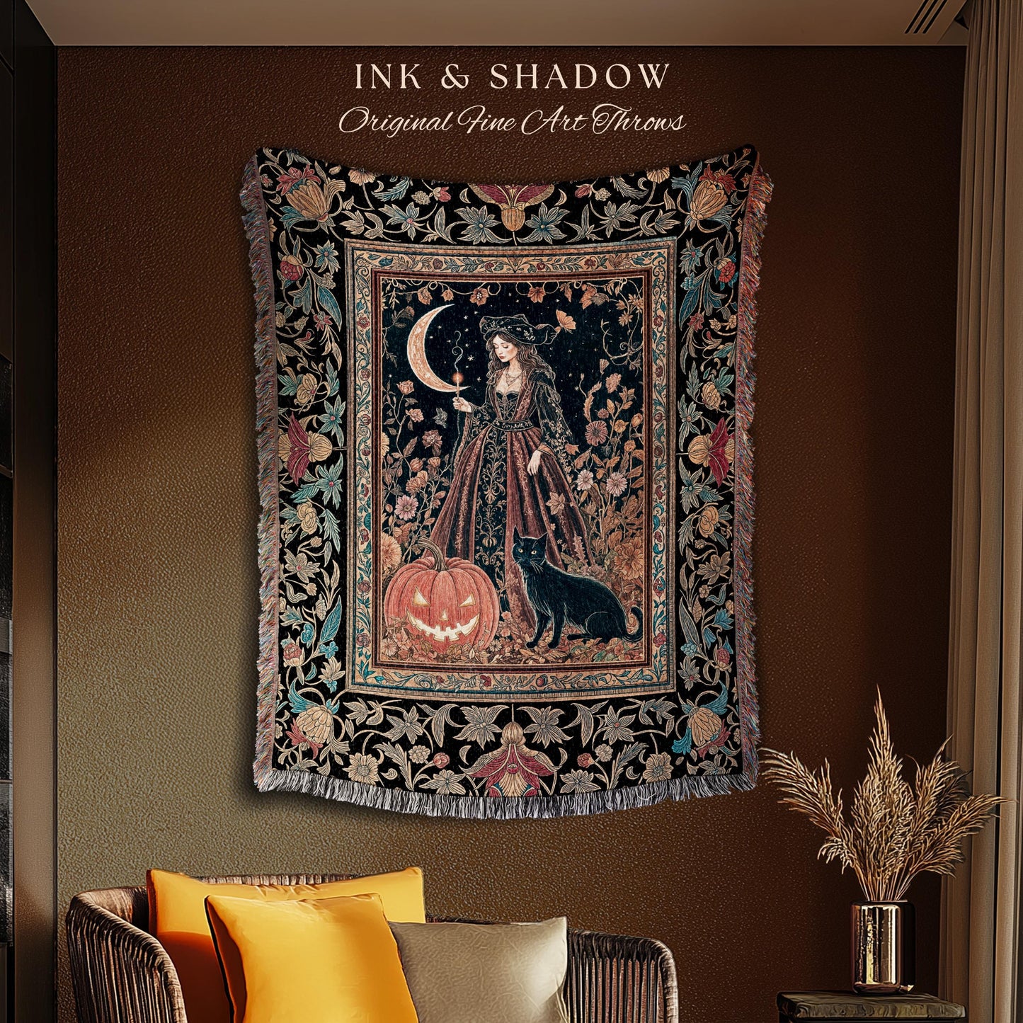 Black Cat Witch Spooky Season Blanket | Celestial Sorceress Ethereal Halloween Woven Wall Tapestry Jack-o-lantern Wiccan Enchantment Gothic