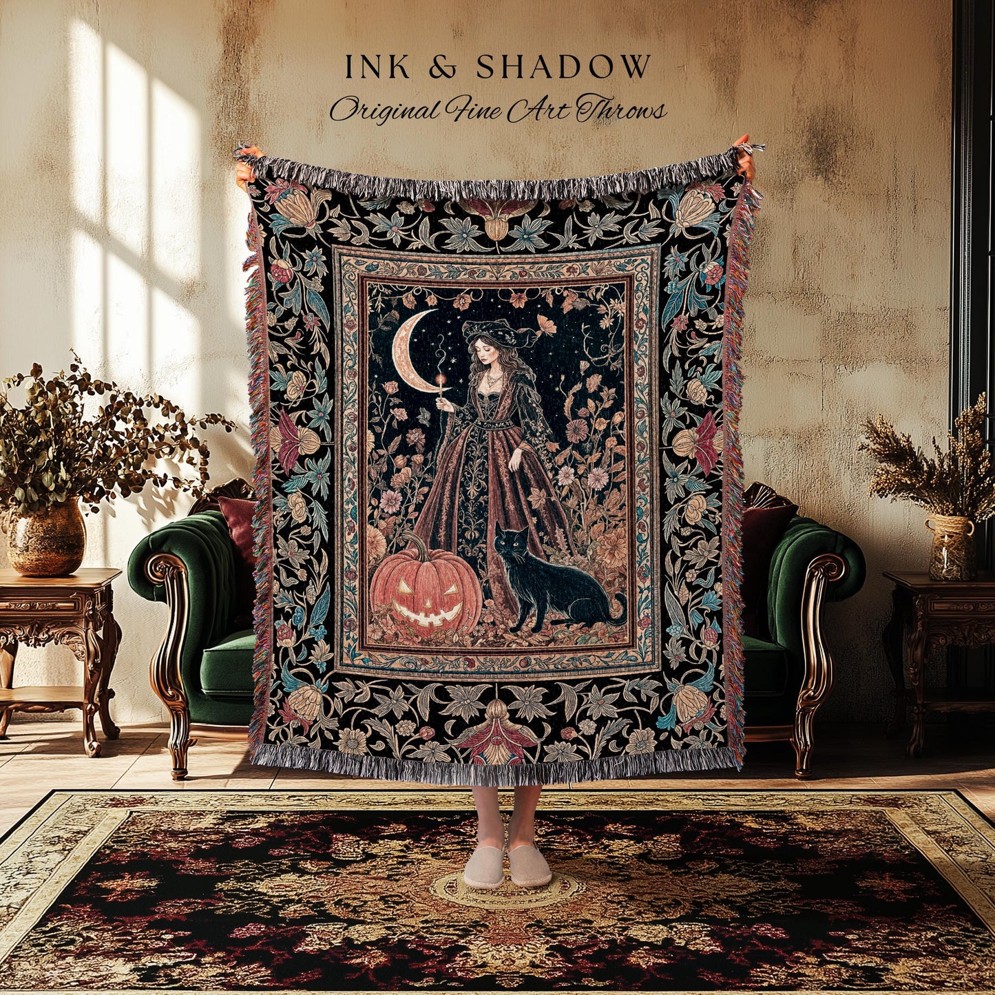 Black Cat Witch Spooky Season Blanket | Celestial Sorceress Ethereal Halloween Woven Wall Tapestry Jack-o-lantern Wiccan Enchantment Gothic