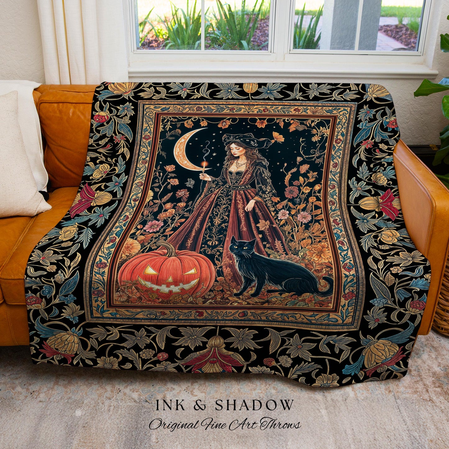 Black Cat Witch Spooky Season Blanket | Celestial Sorceress Ethereal Halloween Woven Wall Tapestry Jack-o-lantern Wiccan Enchantment Gothic