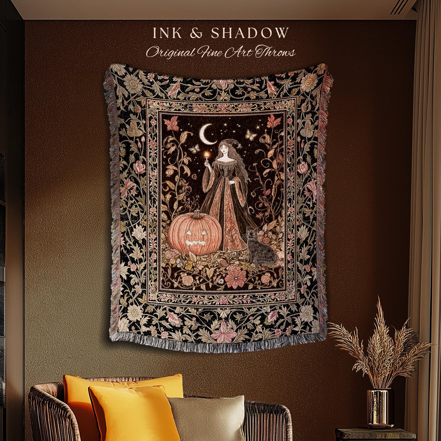 Midnight Sorcery Pumpkin Witch Blanket | Medieval Aesthetic Bohemian Halloween Woven Throw Gothic Wall Tapestry Folklore Black Cat Decor |