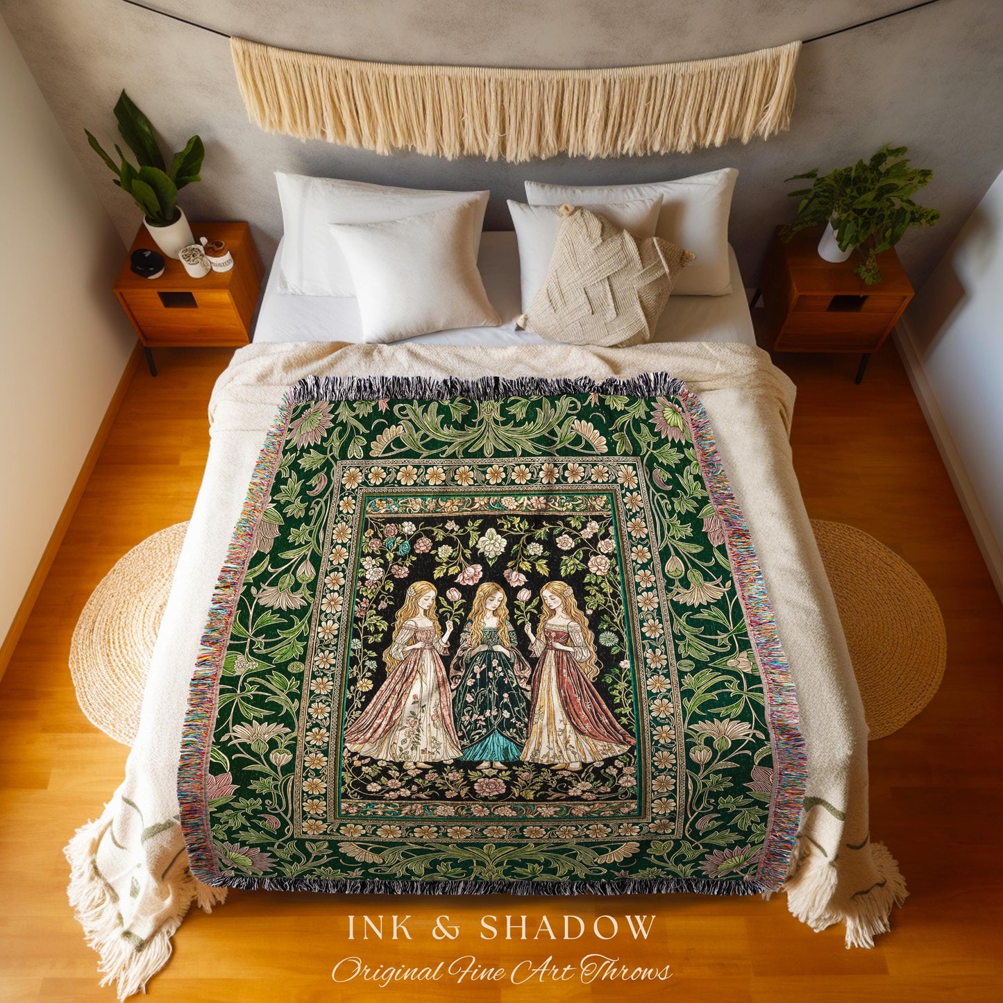 Coven Sisterhood Mystic Woven Blanket | Witchcore Medieval Folklore Enchanted Botanical Wall Tapestry Celestial Folklore Wiccan Aesthetic |