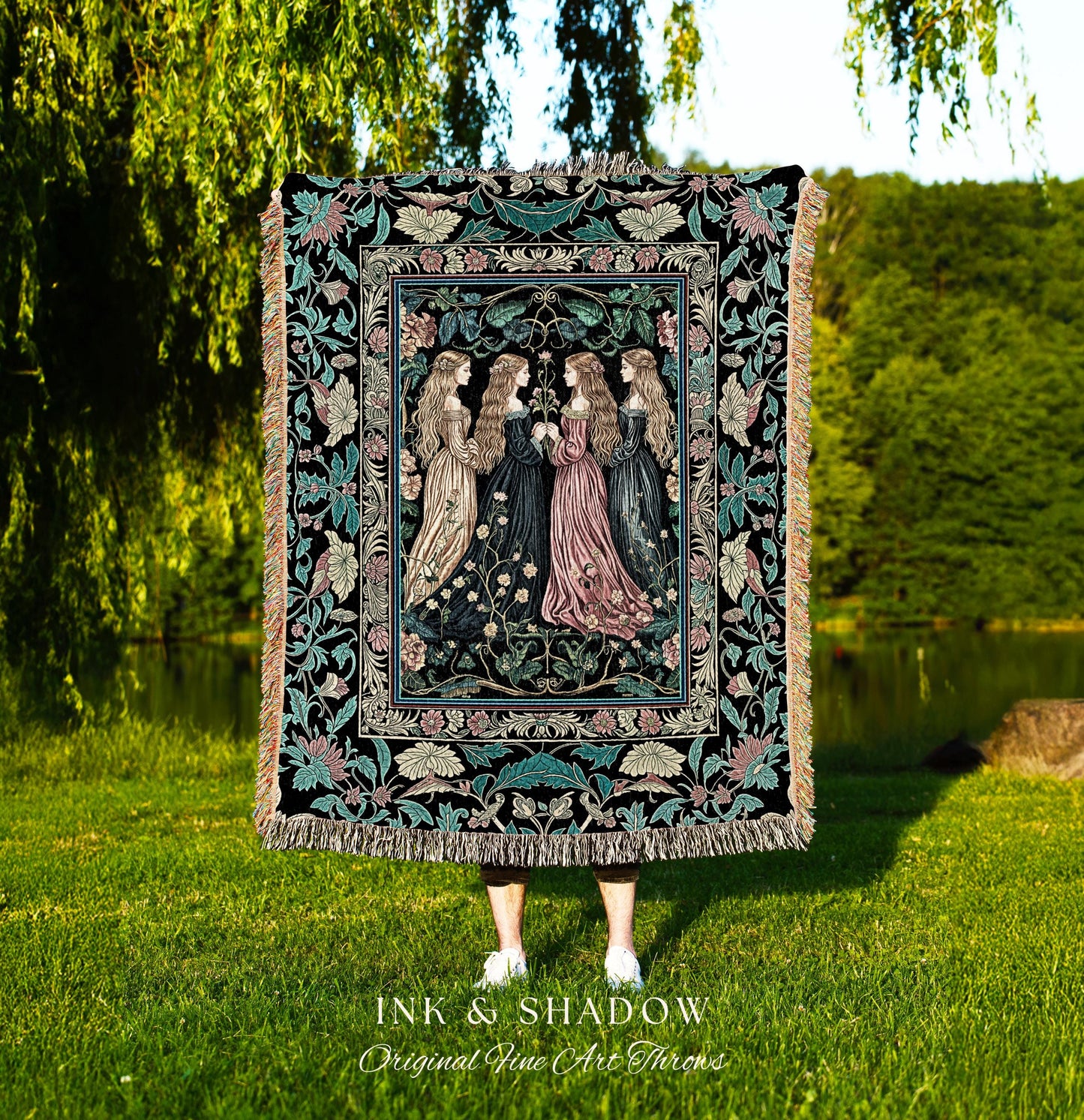 Wiccan Botanical Style Throw Blanket | Medieval Celestial Dark Cottagecore Folklore Sisterhood Magic Woven Tapestry Enchanted Boho Aesthetic