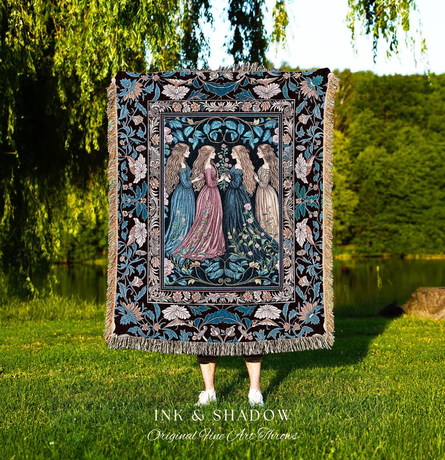 Sorceress Sisters Magic Woven Throw Blanket | Lunar Garden Witch Wall Tapestry Fairytale Storybook Tapestry Renaissance Woodland Sorcery |