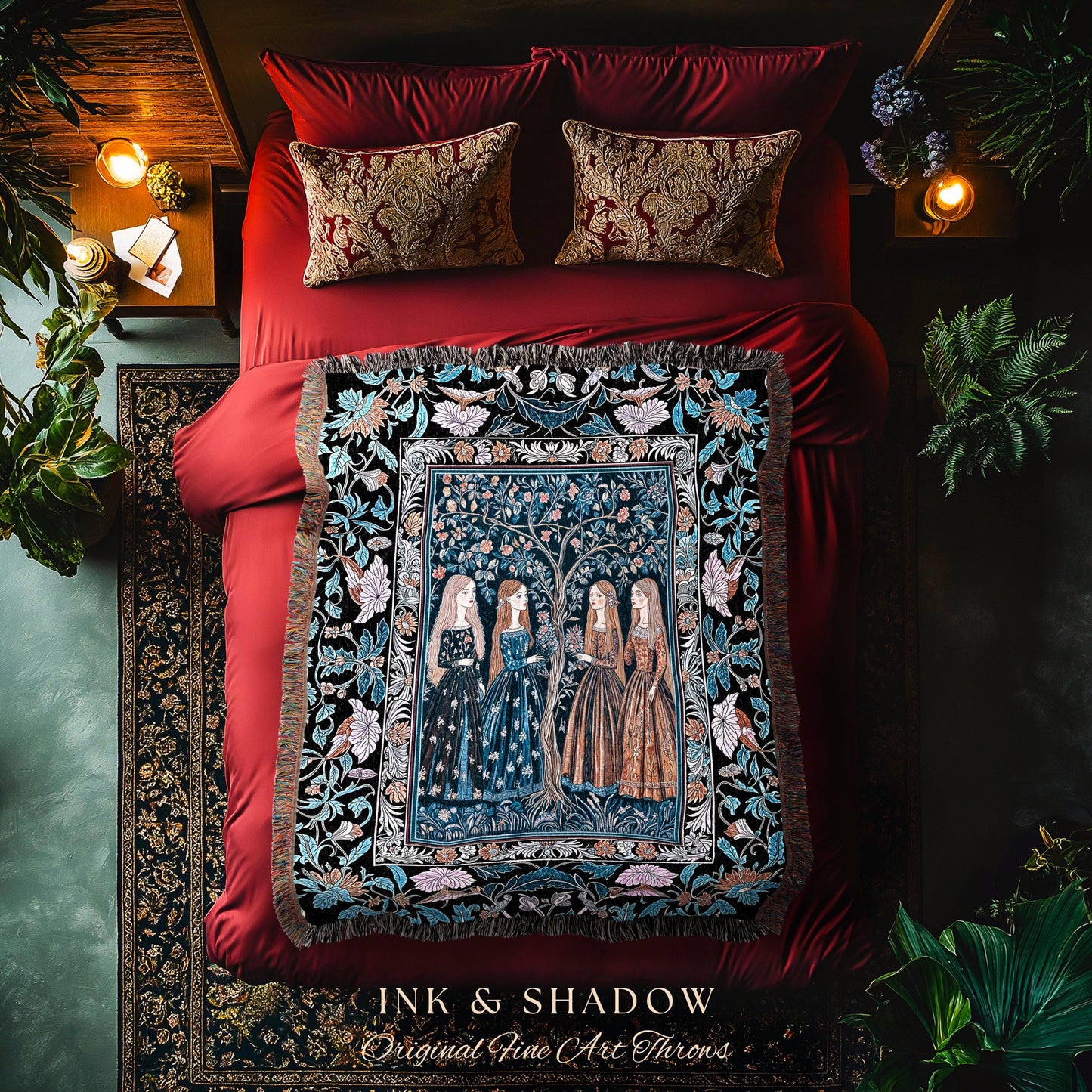 Enchanted Sisterhood Folklore Throw Blanket | Moody Bedroom Dark Enchantment Woven Wall Tapestry Mythical Aesthetic Folk Art Dreamy Decor
