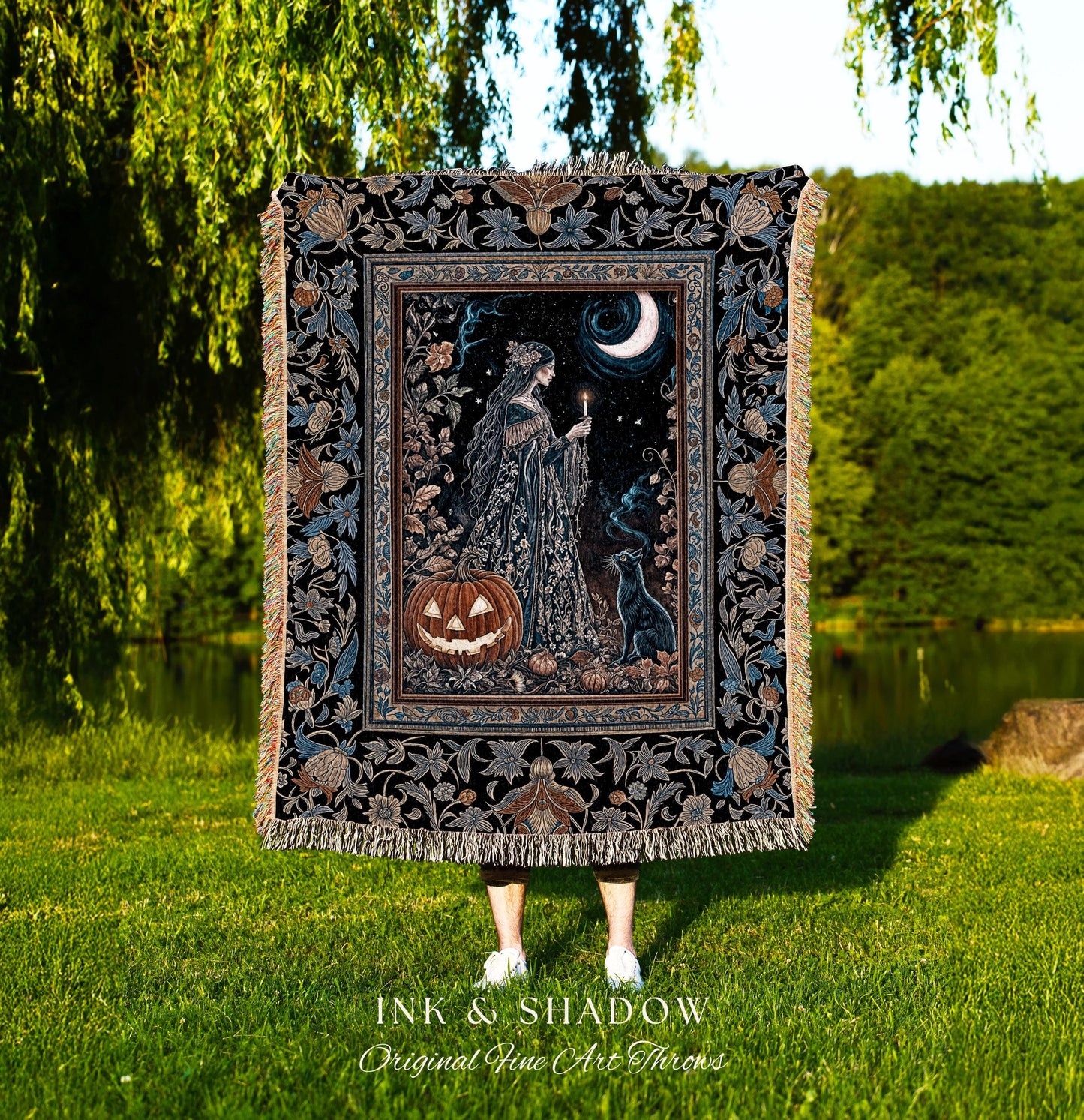 Moonlit Jack-o-lantern Witch Throw Blanket | Enchanted Forest Baroque Maiden Pastel Folklore Black Cat Celestial Aesthetic Wall Tapestry |