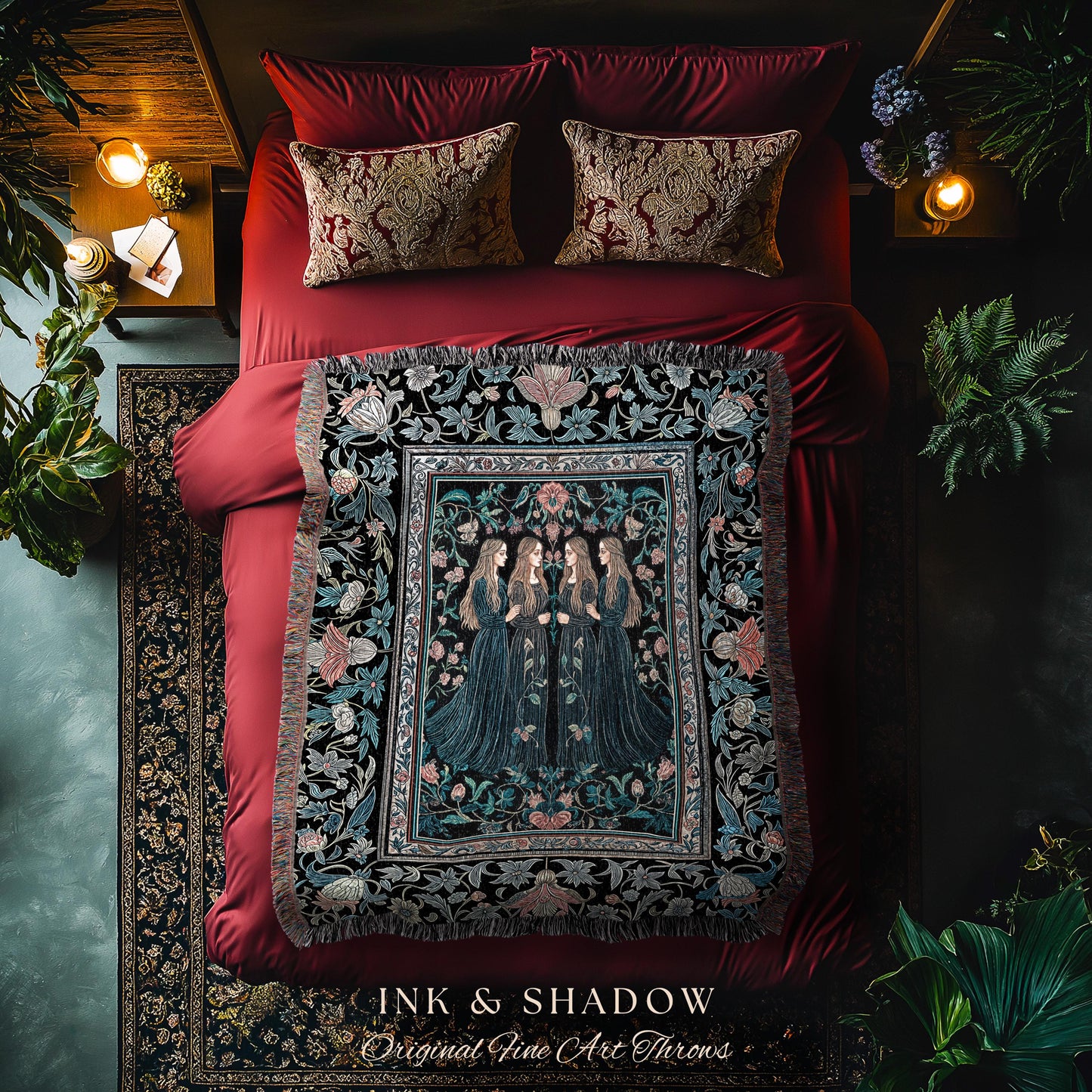 Elegant Medieval Storybook Tapestry | Ornate Botanical Enchantment Dark Gothic Romance Folk Art Renaissance Magic Woven Throw Blanket Witchy