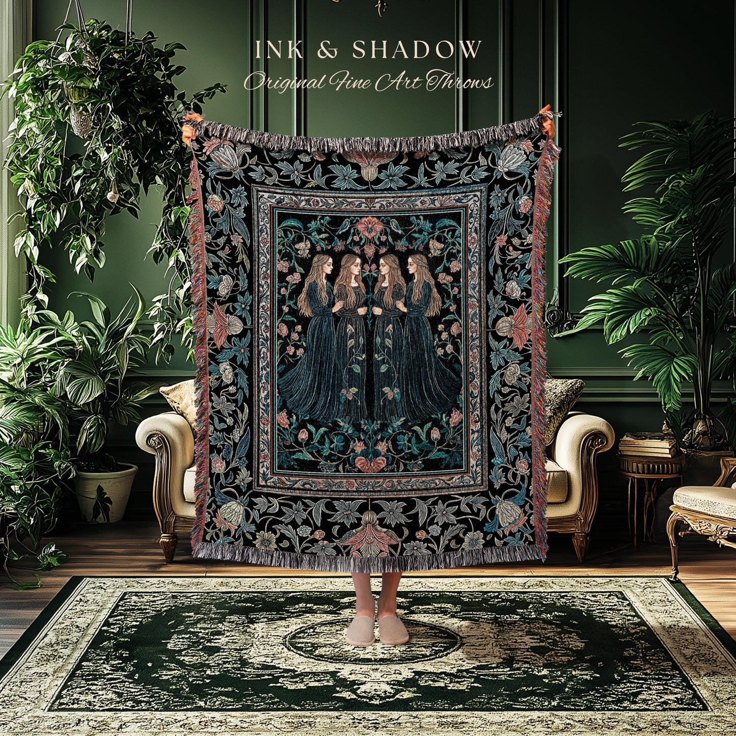 Elegant Medieval Storybook Tapestry | Ornate Botanical Enchantment Dark Gothic Romance Folk Art Renaissance Magic Woven Throw Blanket Witchy