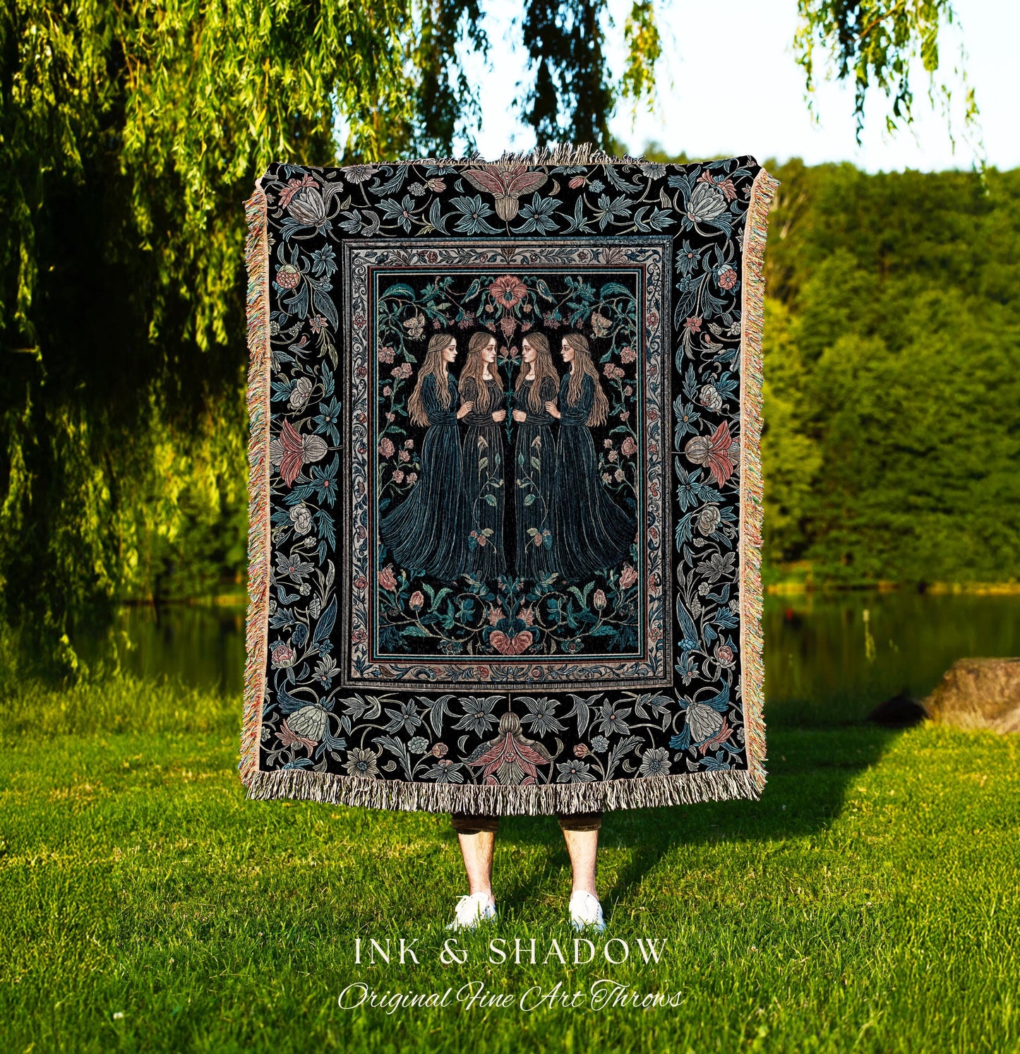 Elegant Medieval Storybook Tapestry | Ornate Botanical Enchantment Dark Gothic Romance Folk Art Renaissance Magic Woven Throw Blanket Witchy
