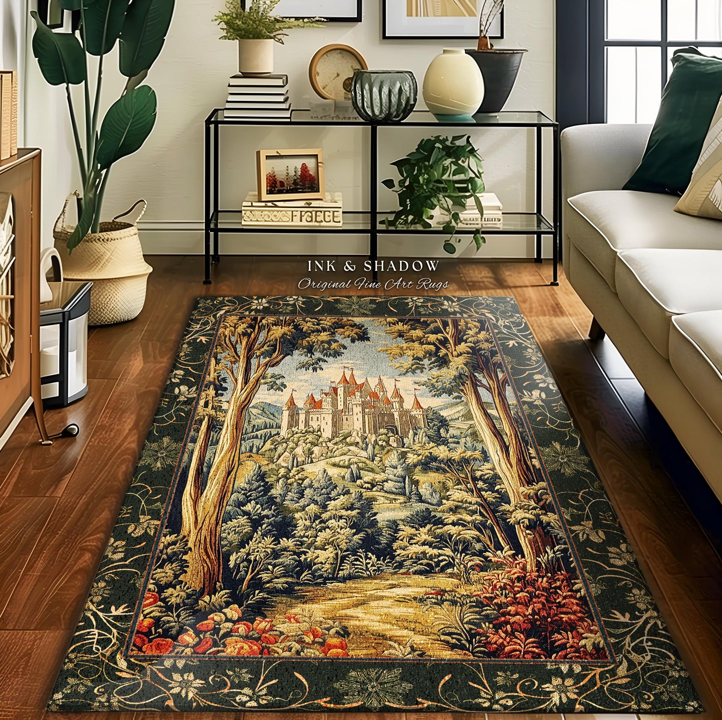 May include: A tapestry rug depicting a medieval castle nestled in a lush green forest. The rug features rich, deep greens, browns, and reds, with intricate details in the castle architecture and foliage. The text 'INK & SHADOW Original Fine Art Rugs' is subtly displayed. The rug's design evokes a classic, fairytale theme, suitable for living rooms or bedrooms.