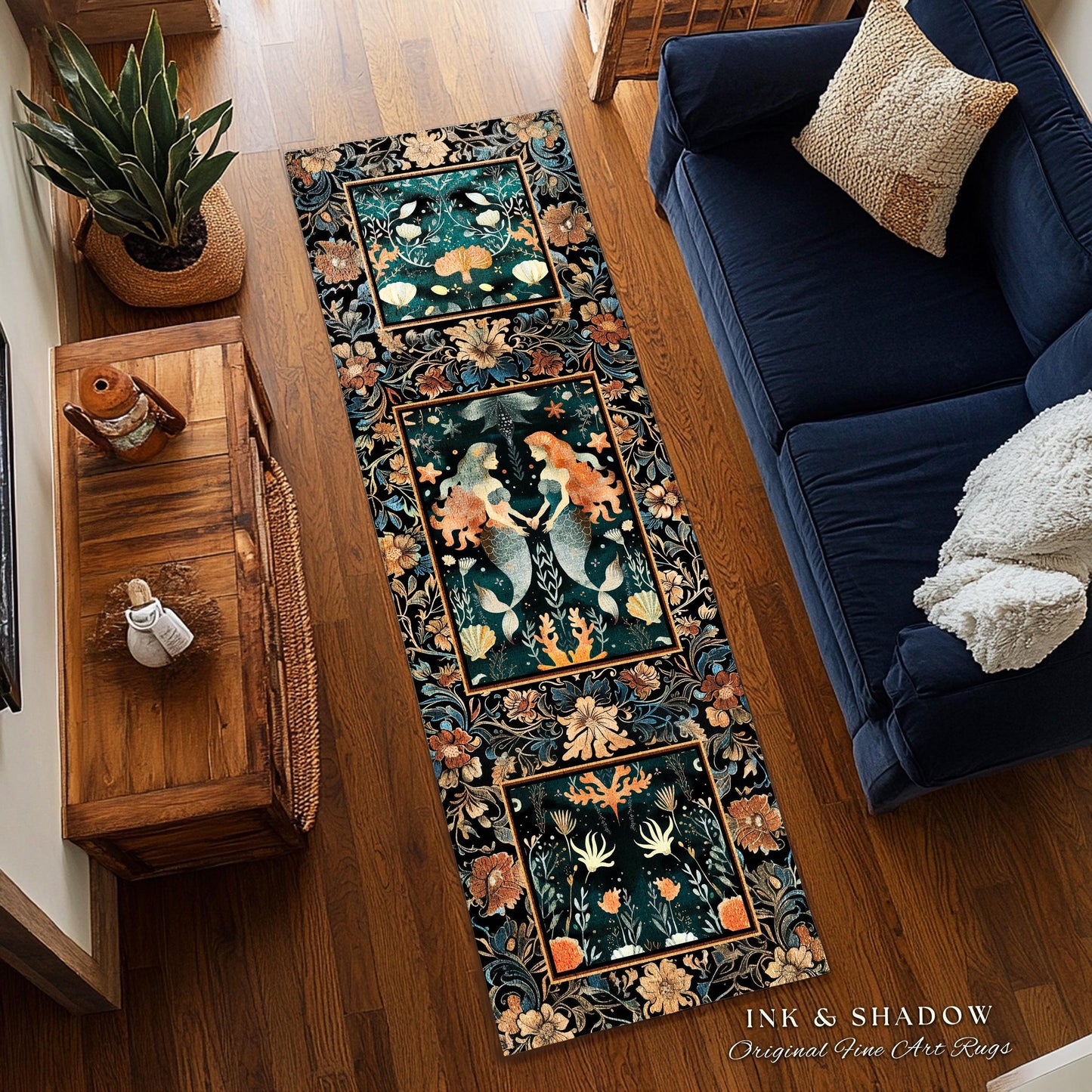 Whimsical Art Nouveau Mermaid Rug Costal Cottagecore Enchanted Underwater Ocean Folklore Decor Mystical Sea Nymph Nautical Marine Life Scene