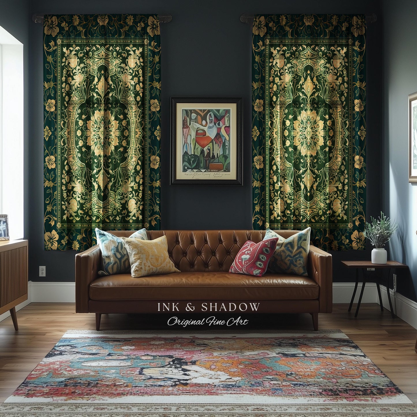 Rococo Revival Emerald Green Curtains | Rustic Maximalist Dark Academia Vintage Window Drapes Victorian Gothic Aesthetic Unique Decorative