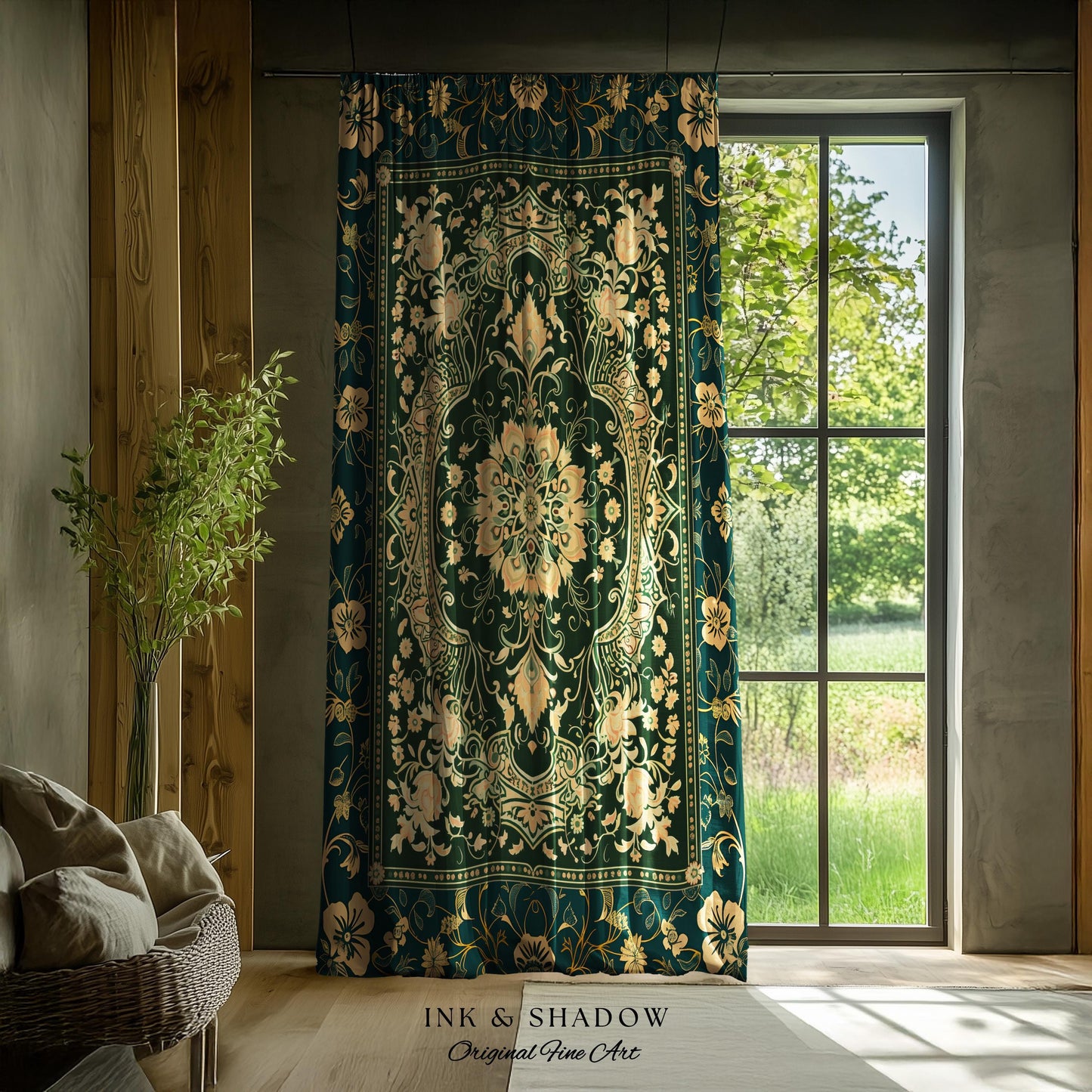 Rococo Revival Emerald Green Curtains | Rustic Maximalist Dark Academia Vintage Window Drapes Victorian Gothic Aesthetic Unique Decorative